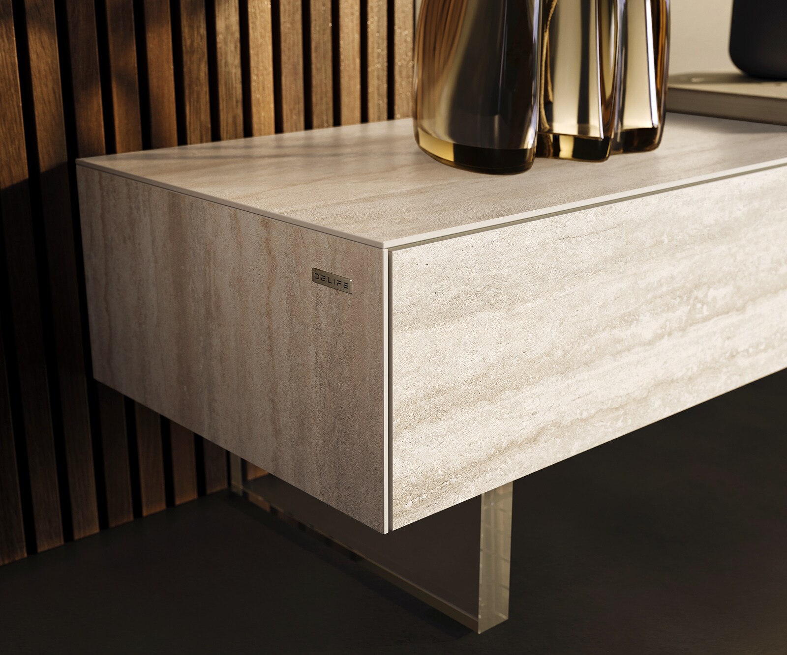 Szafka RTV Cuor 200 cm ceramika Laminam® Travertino Bianco kremowo-biały 1 klapa 1 szuflada nóżki akrylowe 5