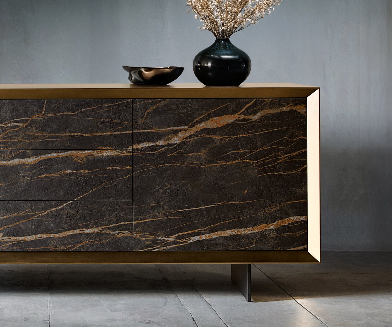 Komoda Yori 200 cm metaliczny złoty 2 drzwi 3 szuflady nóżki wąskie metal czarny ceramika Laminam® Noir Desir brązowy 3