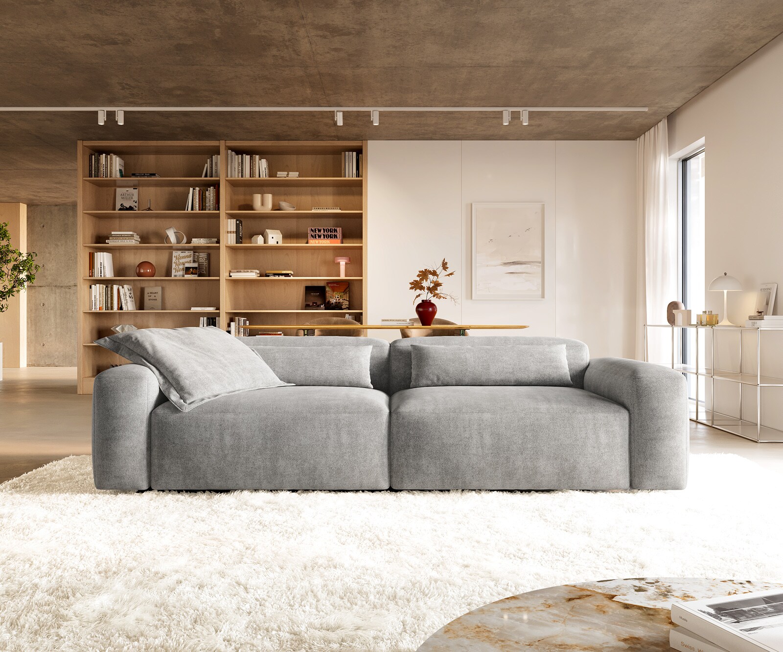 Duża Sofa Freestyle 280x110 cm miękka tkanina strukturalna szara szew płaski 2