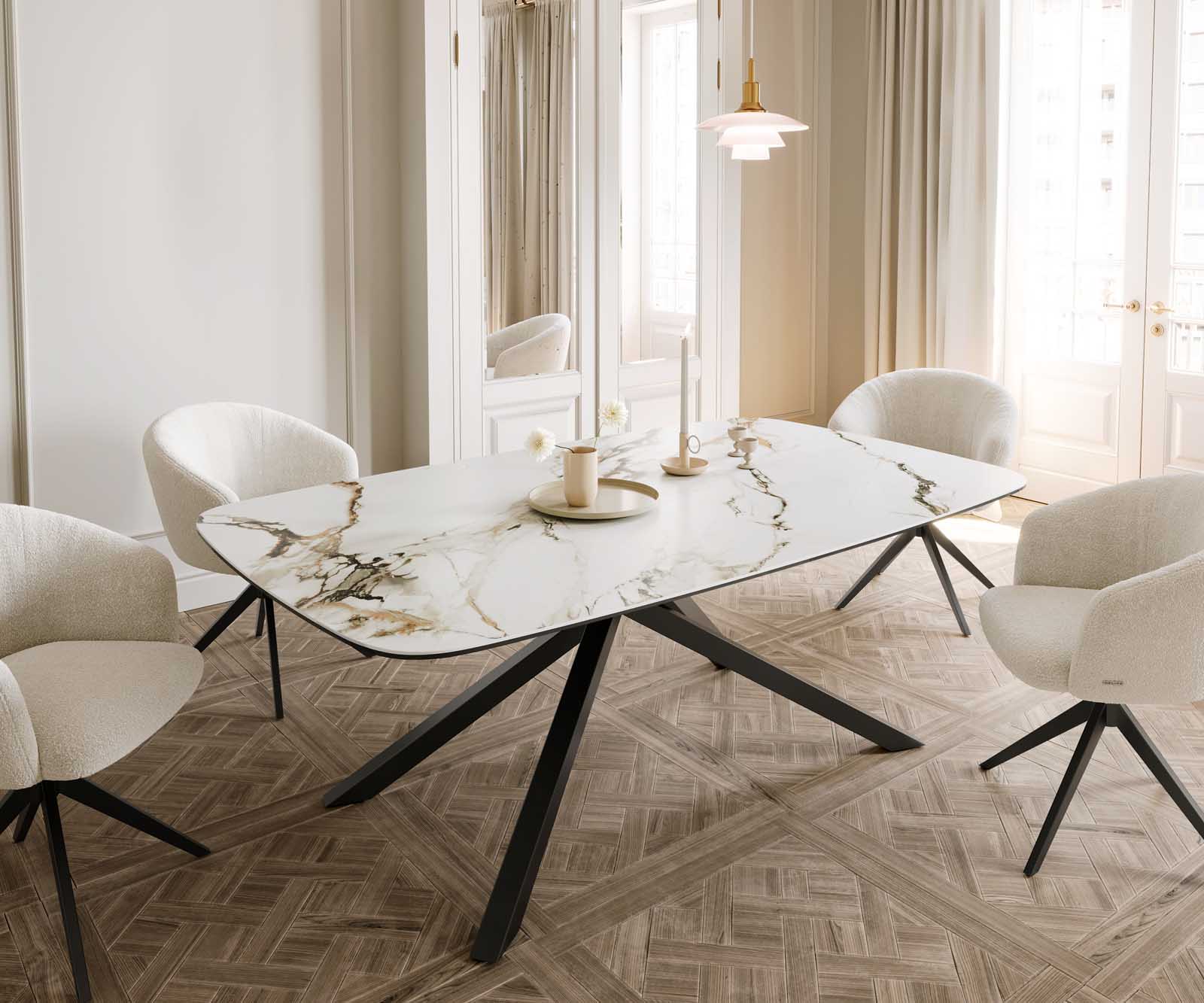 Stół do jadalni Edge kształt beczki 200x100cm ceramika Calacatta Luxe biało-złoto-szary rama Cross czarna