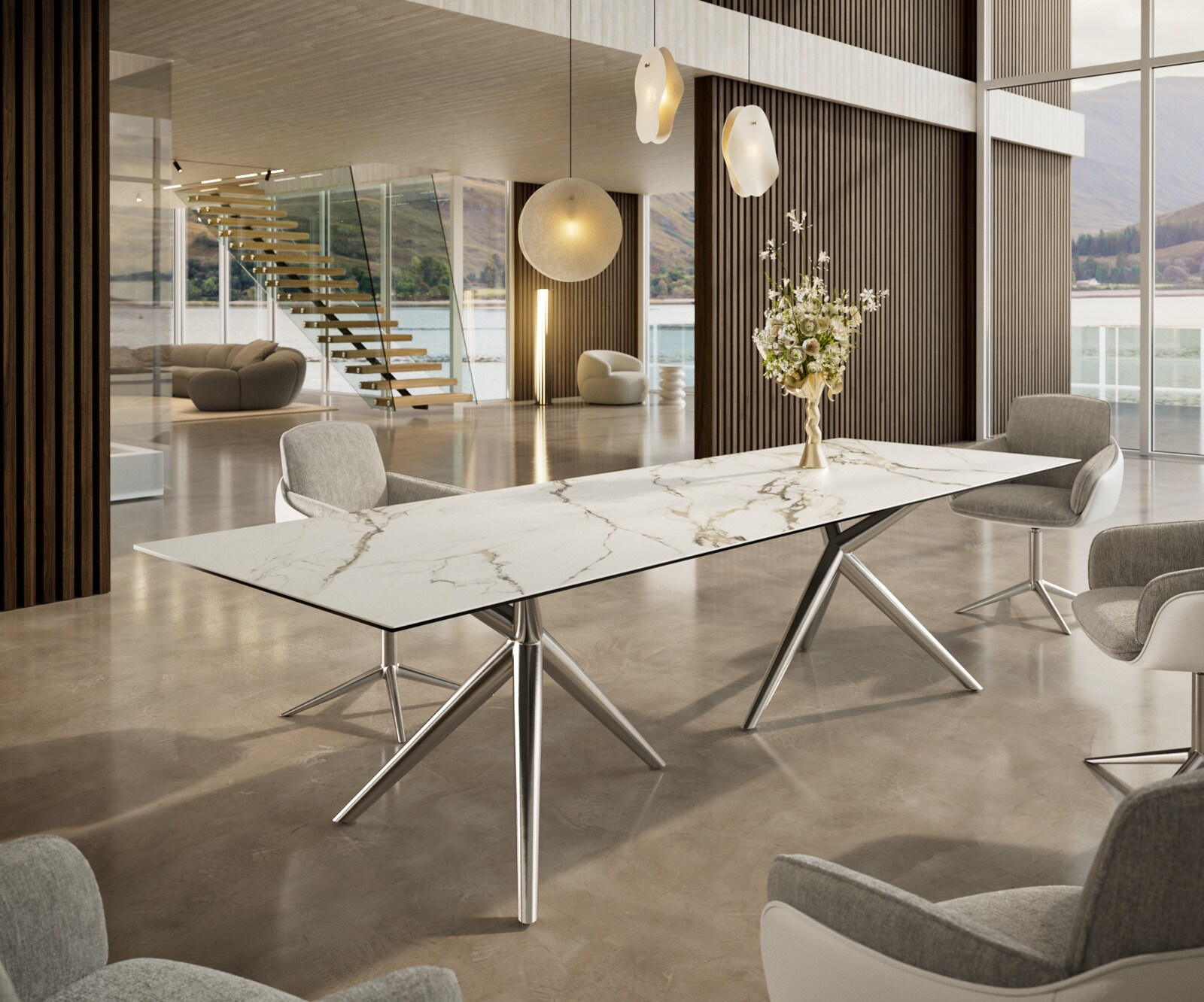Stół do jadalni Edge 300x100cm ceramika Calacatta Luxe biało-złoto-szary rama Estelar stal nierdzewna 1