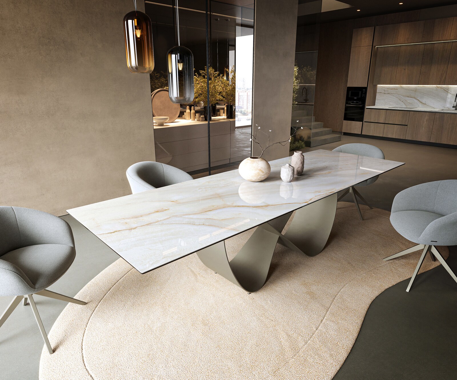 Stół do jadalni Edge 300x100cm ceramika Onyx Pearl rama Infinity metal kolor tytanowy