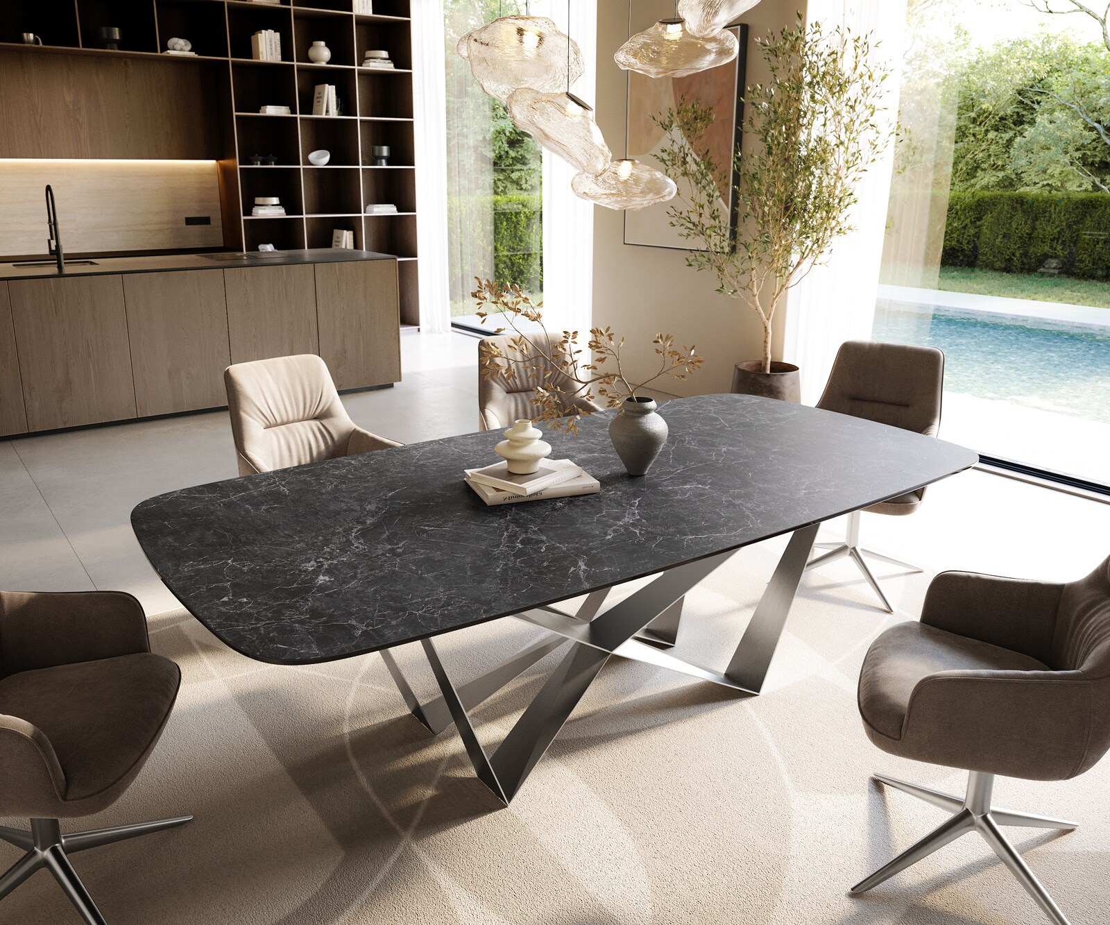 Stół do jadalni Edge w kształcie beczki 240x120 ceramika Laminam® Nero Greco antracytowa rama Spider stal nierdzewna 1