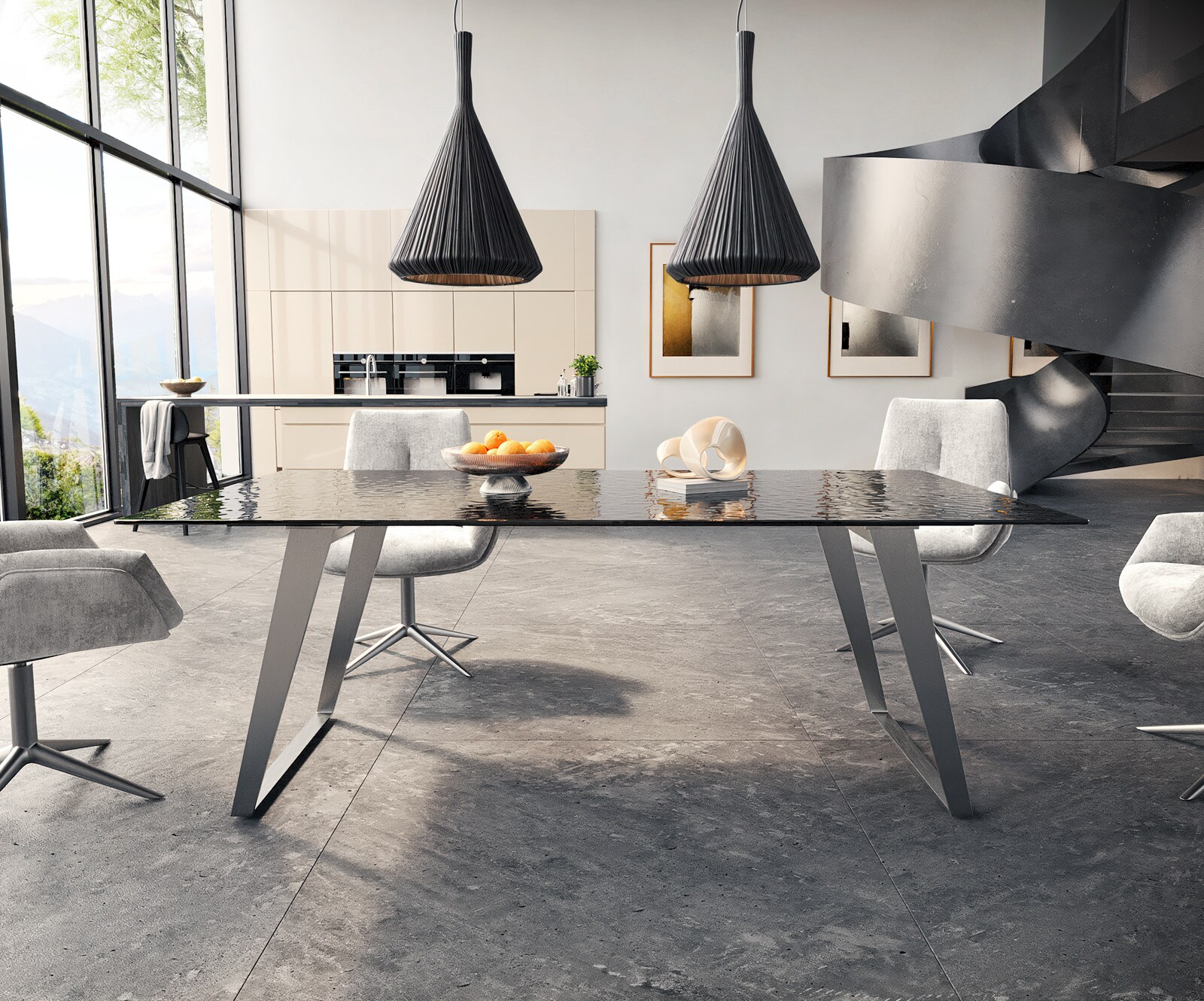 Stół do jadalni Edge 200x100 cm szkło reliefowe czarne efekt 3D stal nierdzewna pochylona rama 1