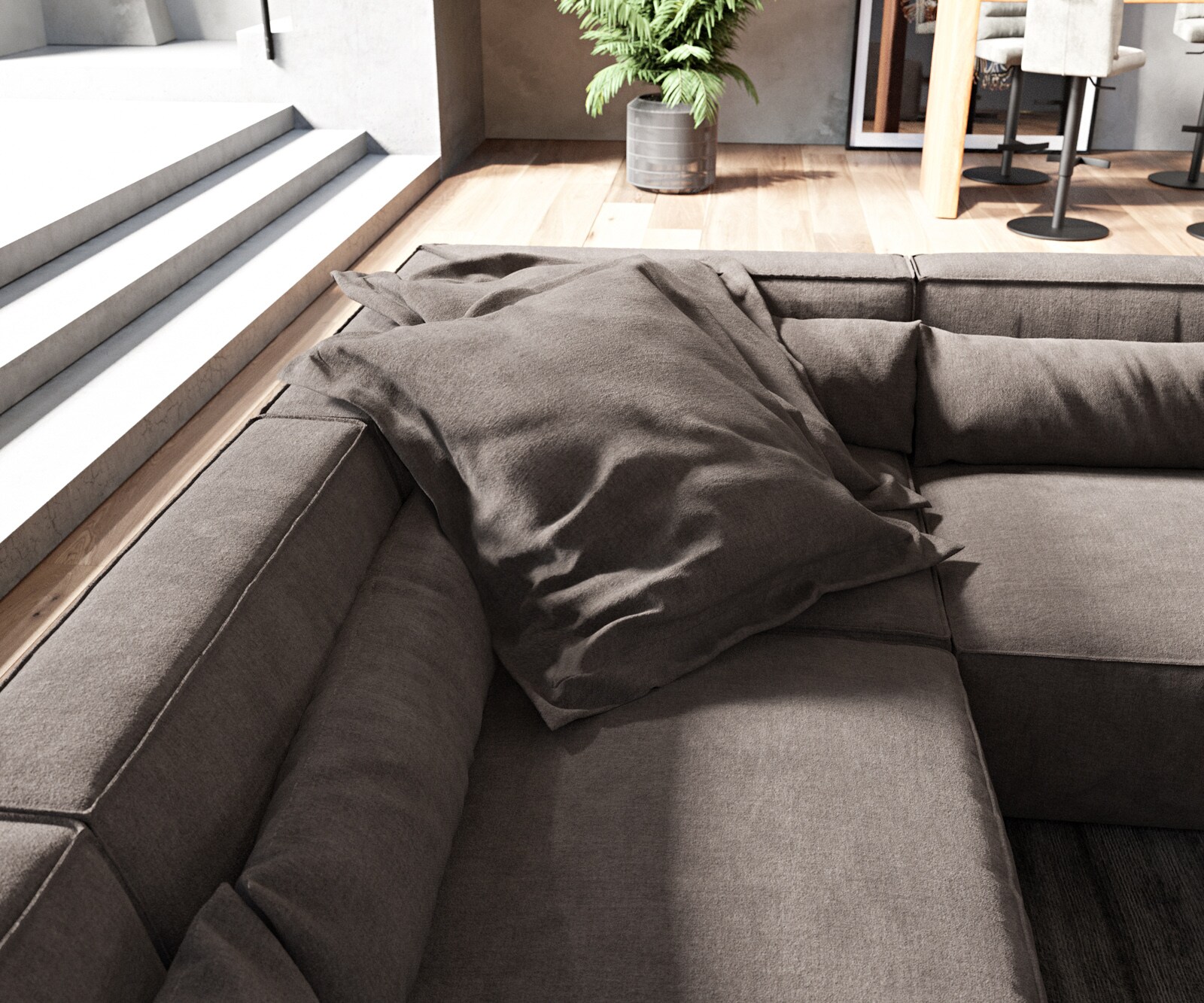 Sofa w kształcie litery U Sirpio 300x210 cm mikrofibra khaki-brązowa szezlong z możliwością obustronnego montażu z pufem 5