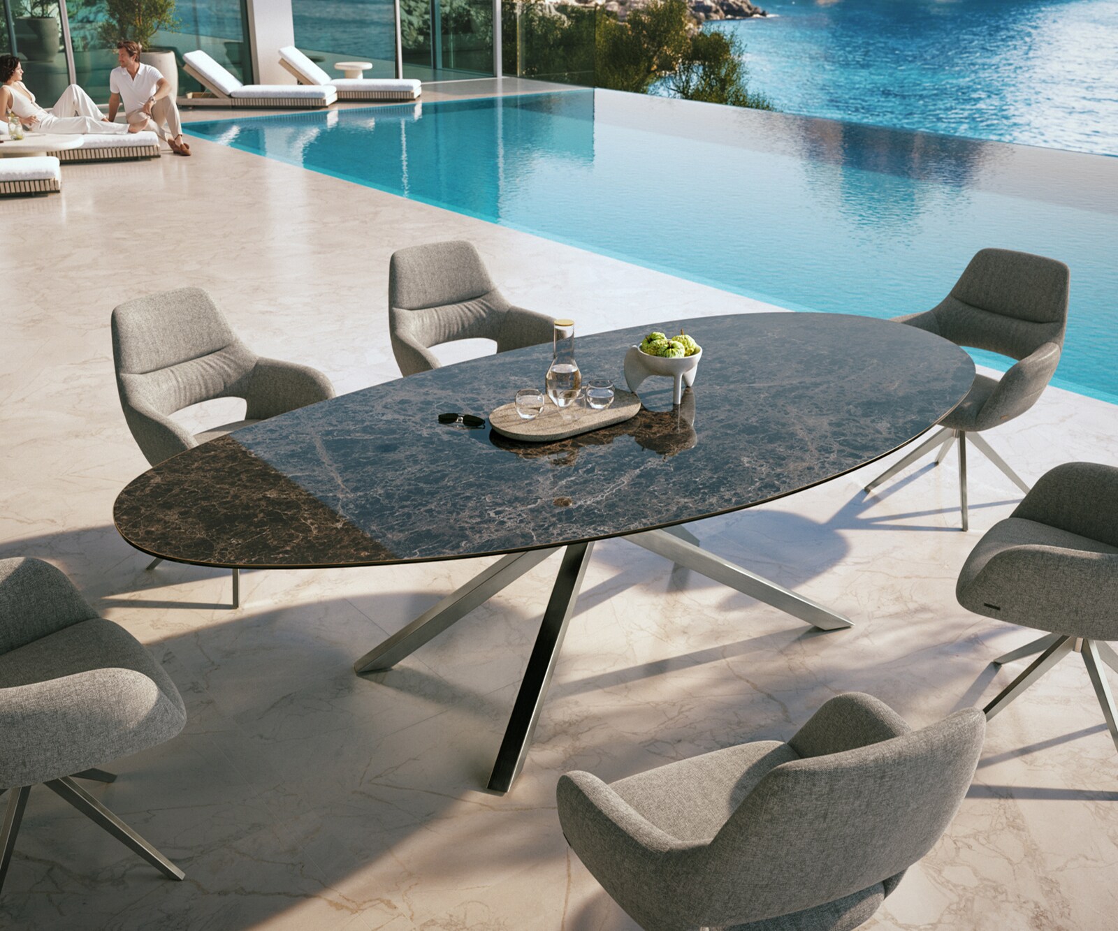 Stół ogrodowy Edge owalny 280x130 cm ceramika Laminam® Emperador Extra Lucidato ciemnobrązowy rama Cross stal nierdzewna