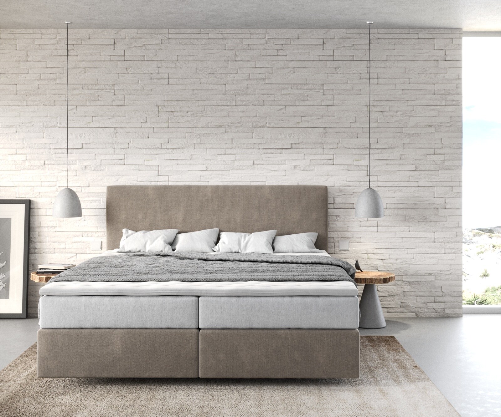 Łóżko kontynentalne Dream-Well 180x200 cm mikrofibra beżowa z materacem TFK i topperem Visco 2
