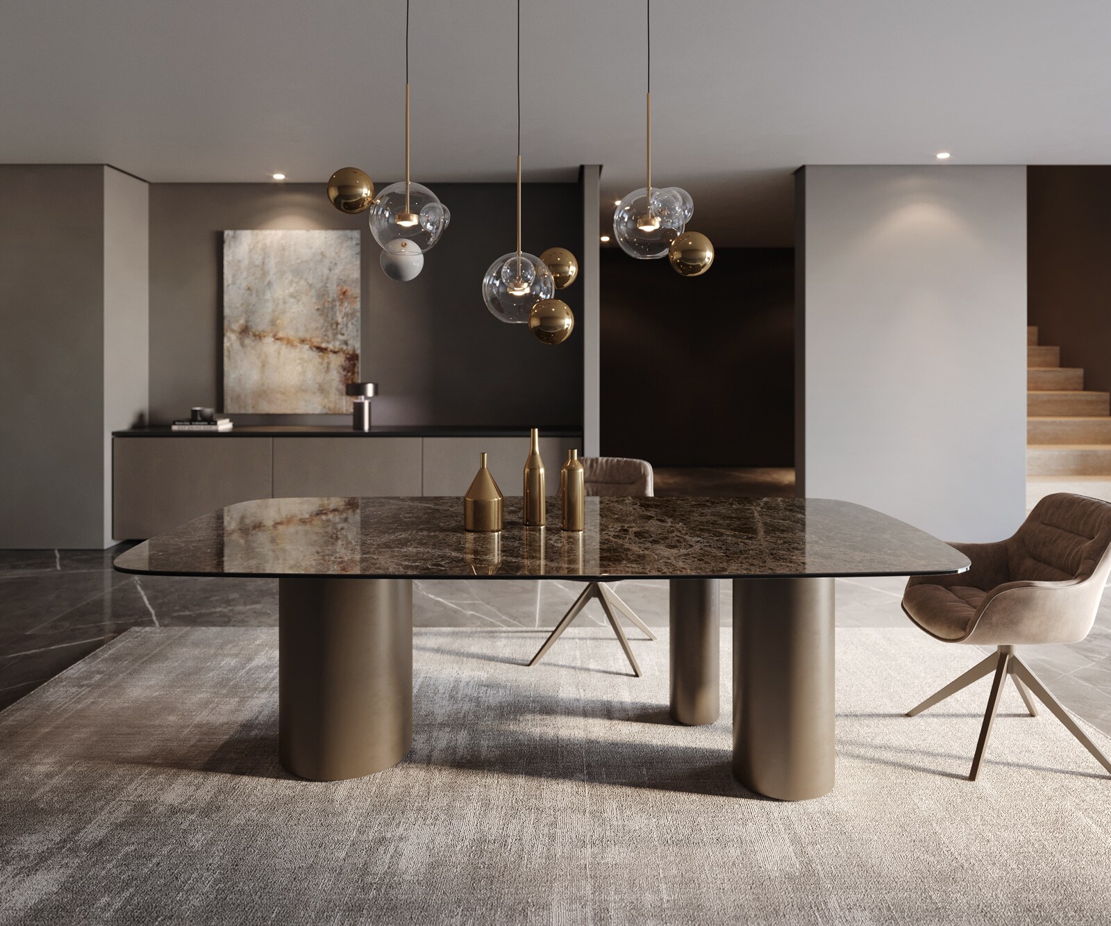 Stół do jadalni Edge kształt beczki 240x120cm ceramika Emperador Extra Lucidato ciemnobrązowy rama Troa metal kolor tytanowy 2