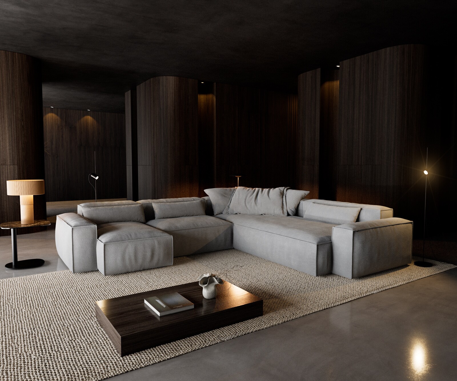 Sofa w kształcie litery U Freestyle 360x290 cm miękka tkanina strukturalna szara z lamówką 1