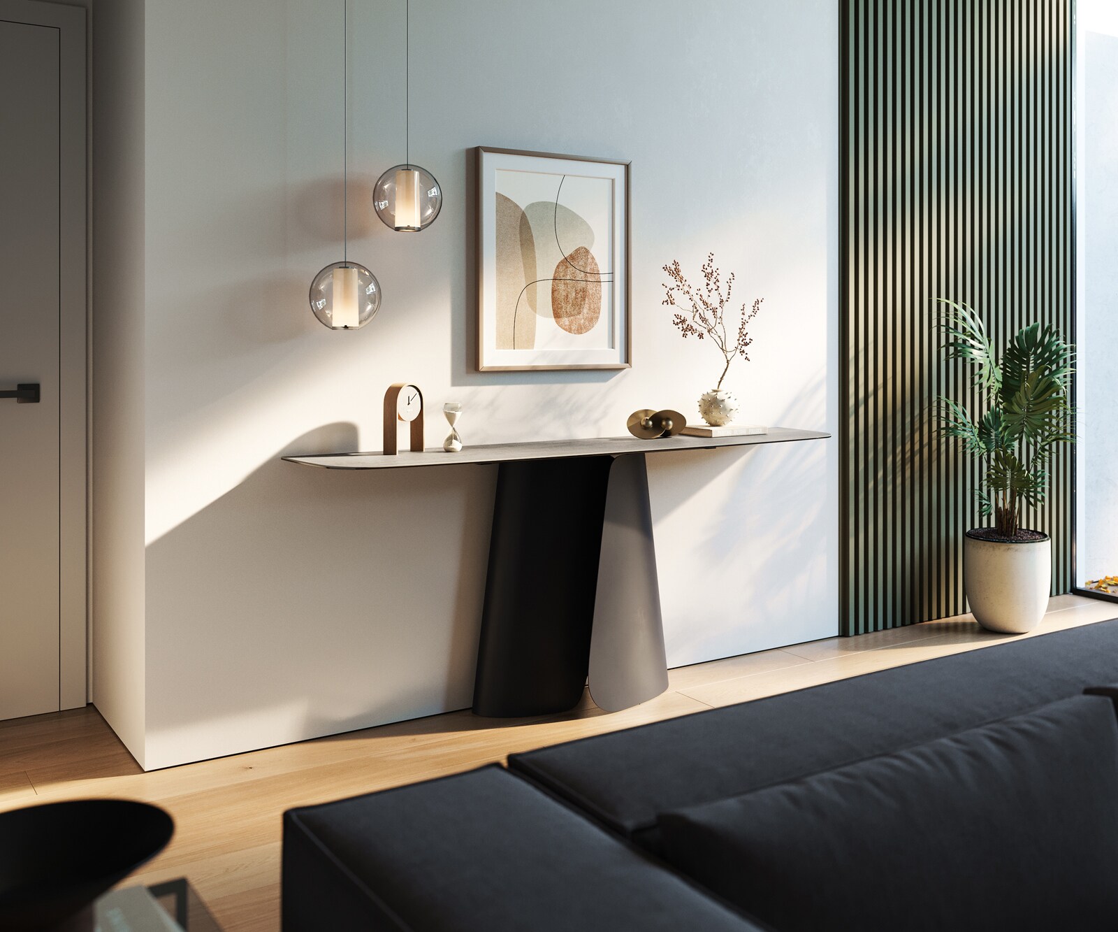 Konsola Edge w kształcie beczki 180x40 cm ceramika w kolorze betonowej szarości podstawa Livos metal czarny 7