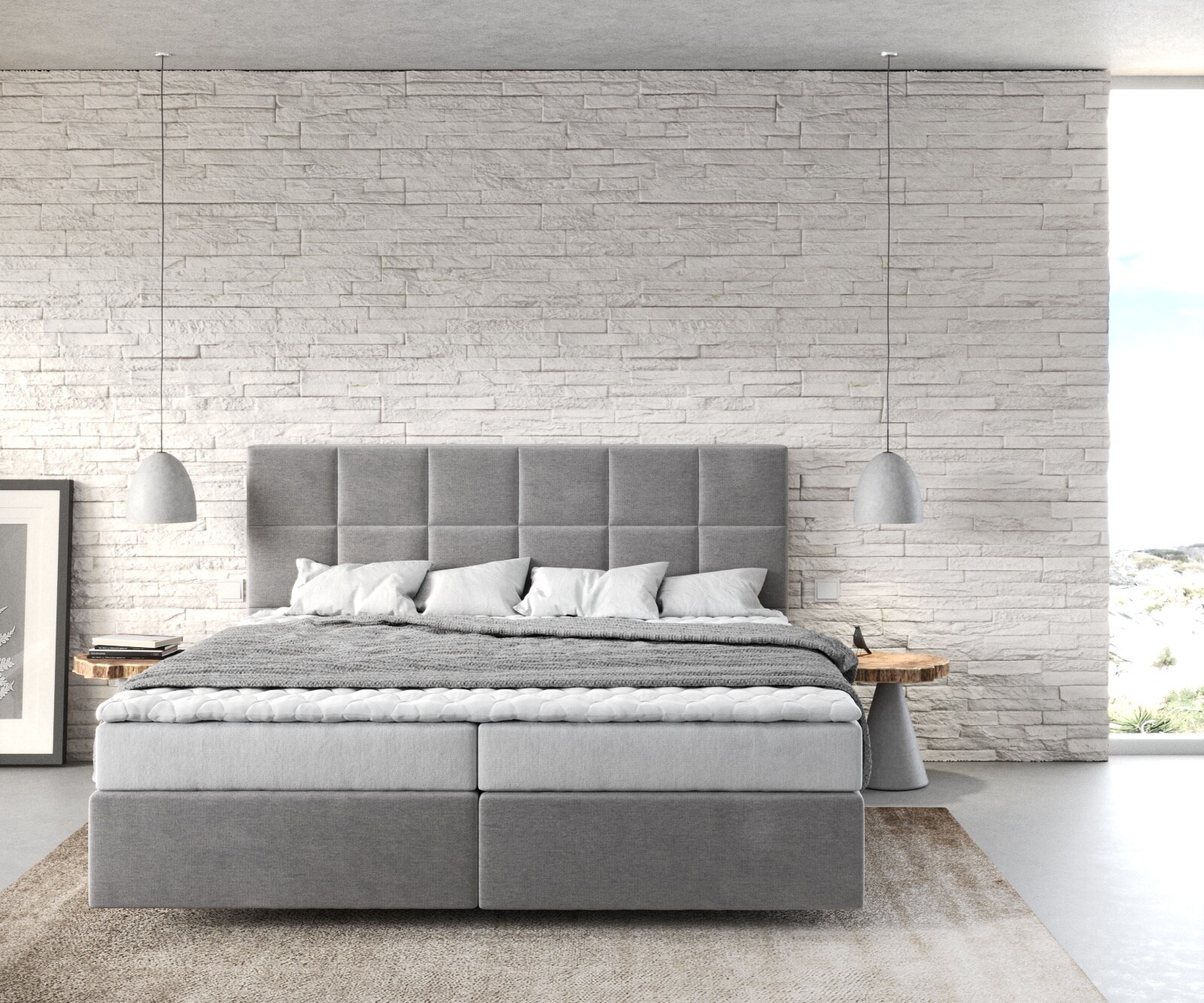 Łóżko kontynentalne Dream-Fine 180x200 cm mikrofibra szara z materacem i topperem 1