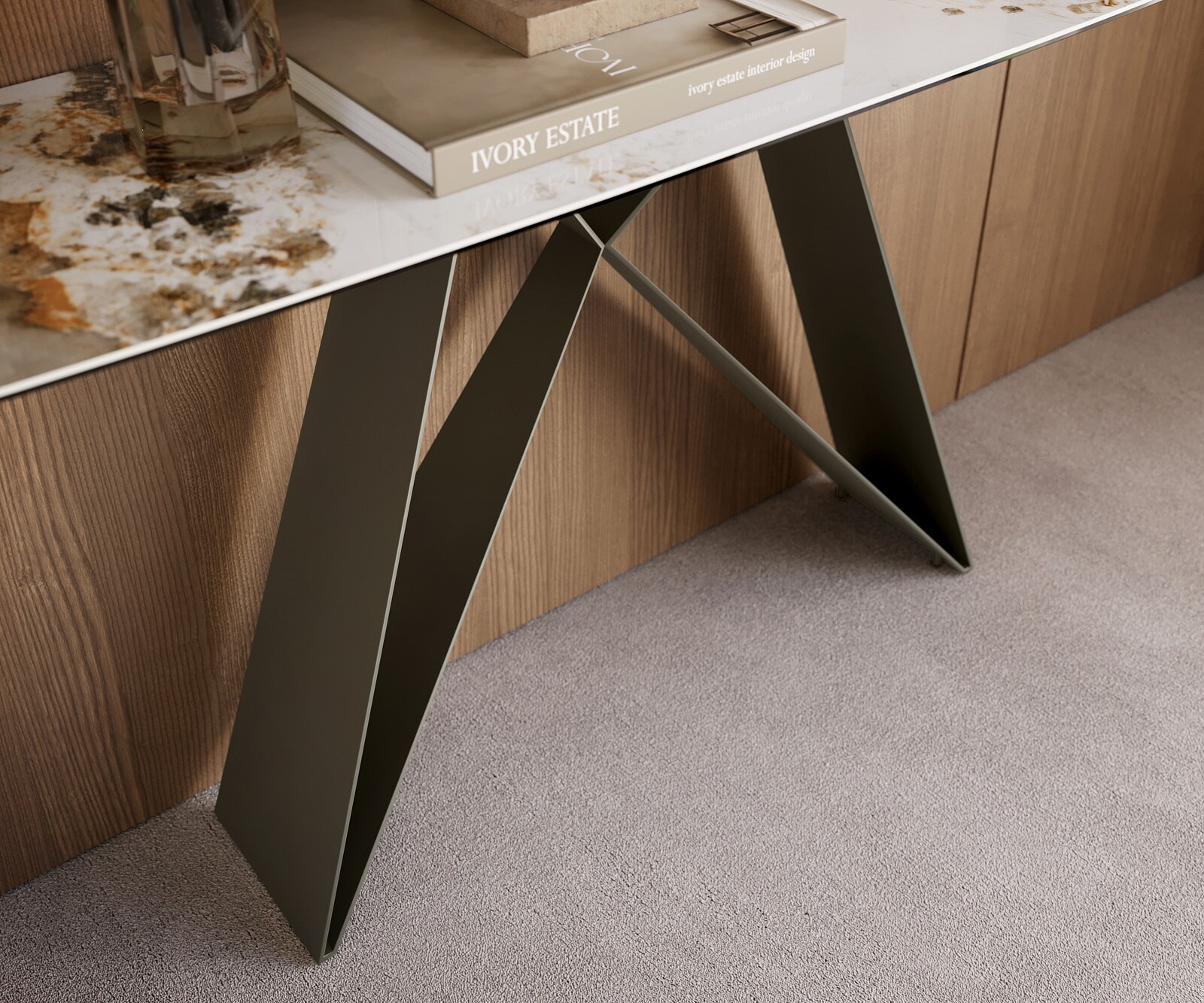 Konsola Edge w kształcie beczki 180x40 cm ceramika Minas Melange biało-beżowa podstawa Velio metal w kolorze tytanu 6