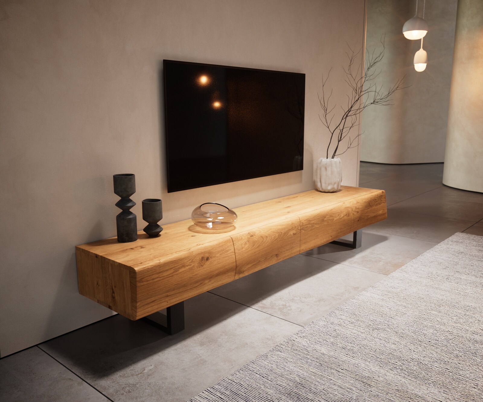 Szafka RTV New Live-Edge 200 cm dąb naturalny 4 drzwi nóżki płozowe metal czarny 3