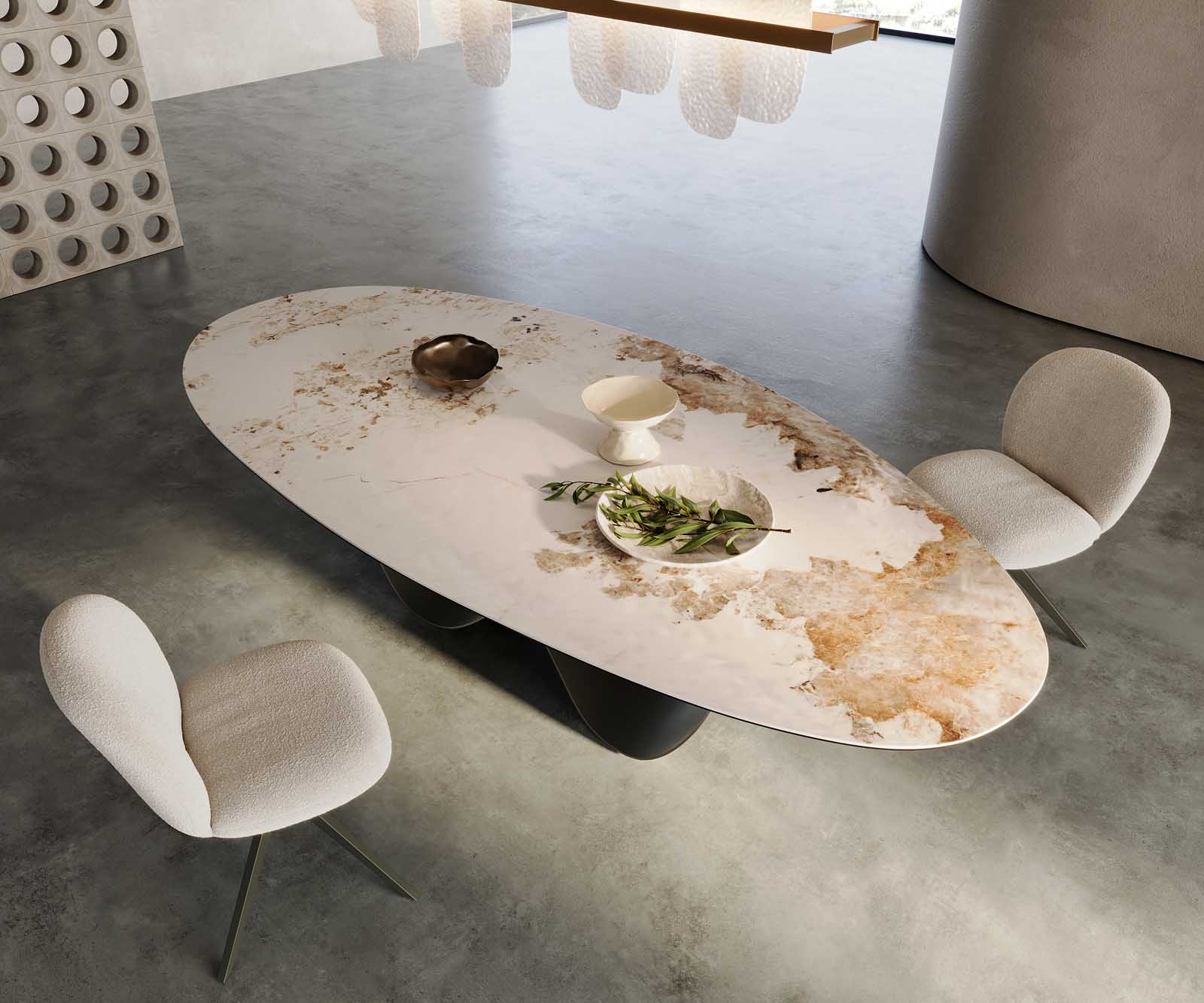 Stół do jadalni Edge owalny 280x130cm ceramika Minas Melange biało-beżowy rama Infinity metal kolor tytanowy 1