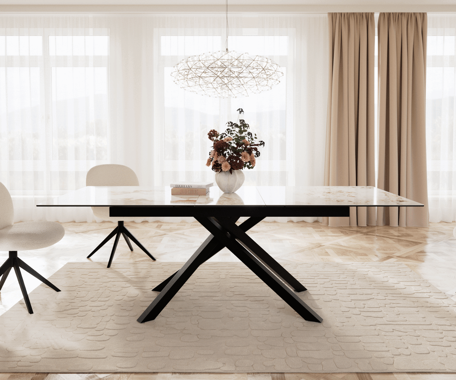Stół do jadalni Edge 180-220x100 cm ceramika Minas Melange biało-beżowy rama Cross czarna rozkładany 1