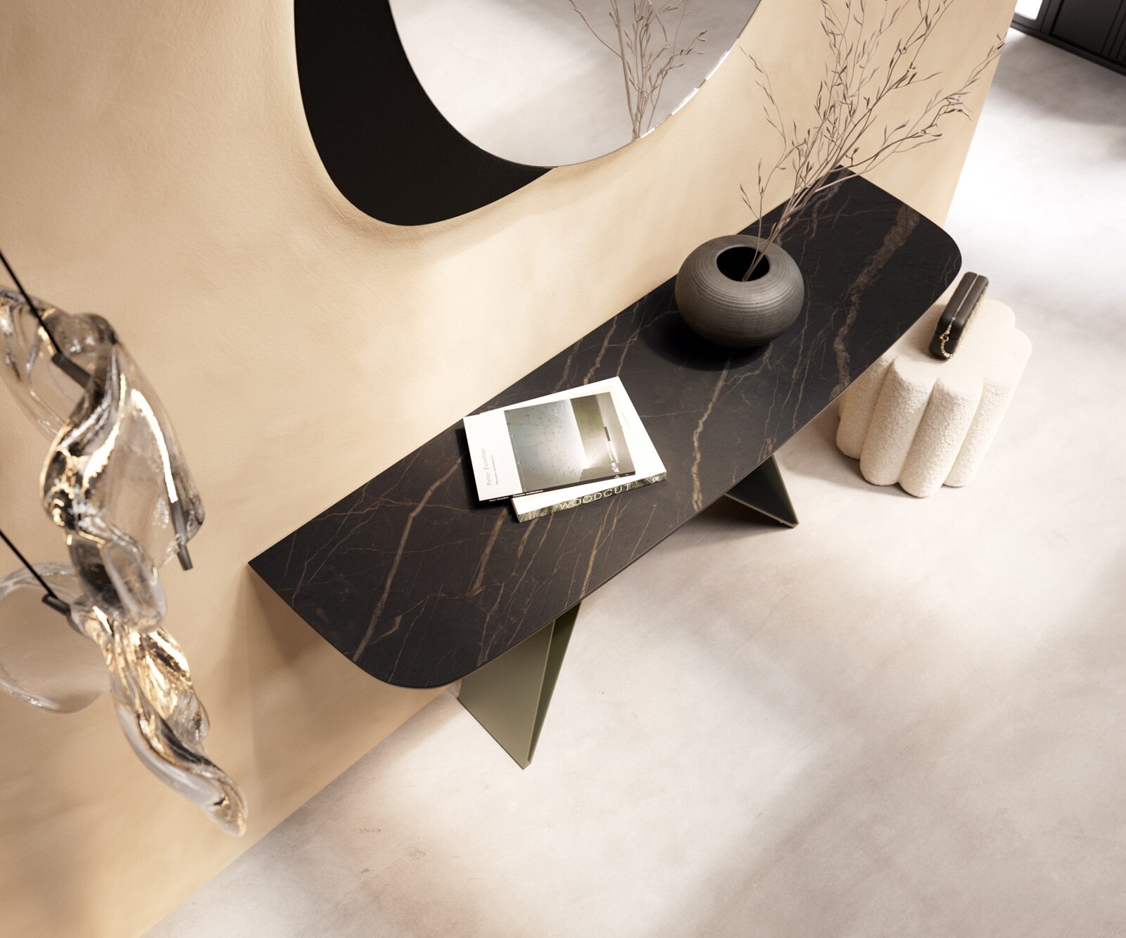 Konsola Edge w kształcie beczki 140x40 cm ceramika Laminam® Noir Desir brązowa podstawa Velio metal w kolorze tytanu 2