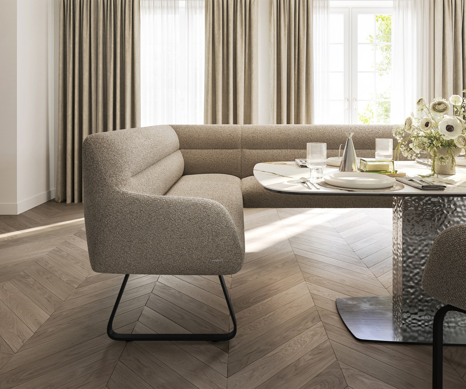 Ławka do jadalni Taya-Flex 285x190 cm bouclé szaro-brązowy podstawa płozowa płaska metal czarny sprężyny kieszeniowe prawa 5