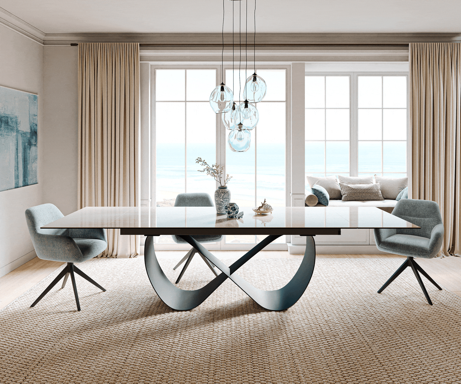 Stół do jadalni Edge 200-300x100cm ceramika Onyx Champagne rama Infinity metal czarny rozkładany 1