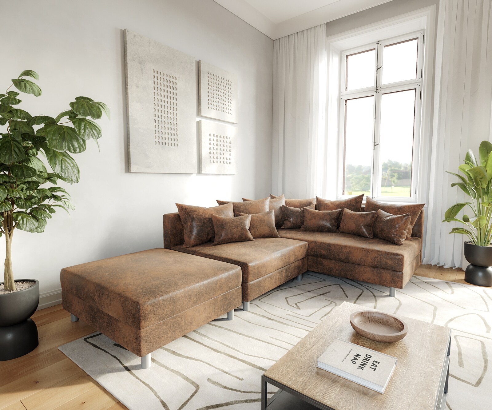 Sofa narożna Clovis brązowy antyczny sofa modułowa z pufem szezlong prawy 4