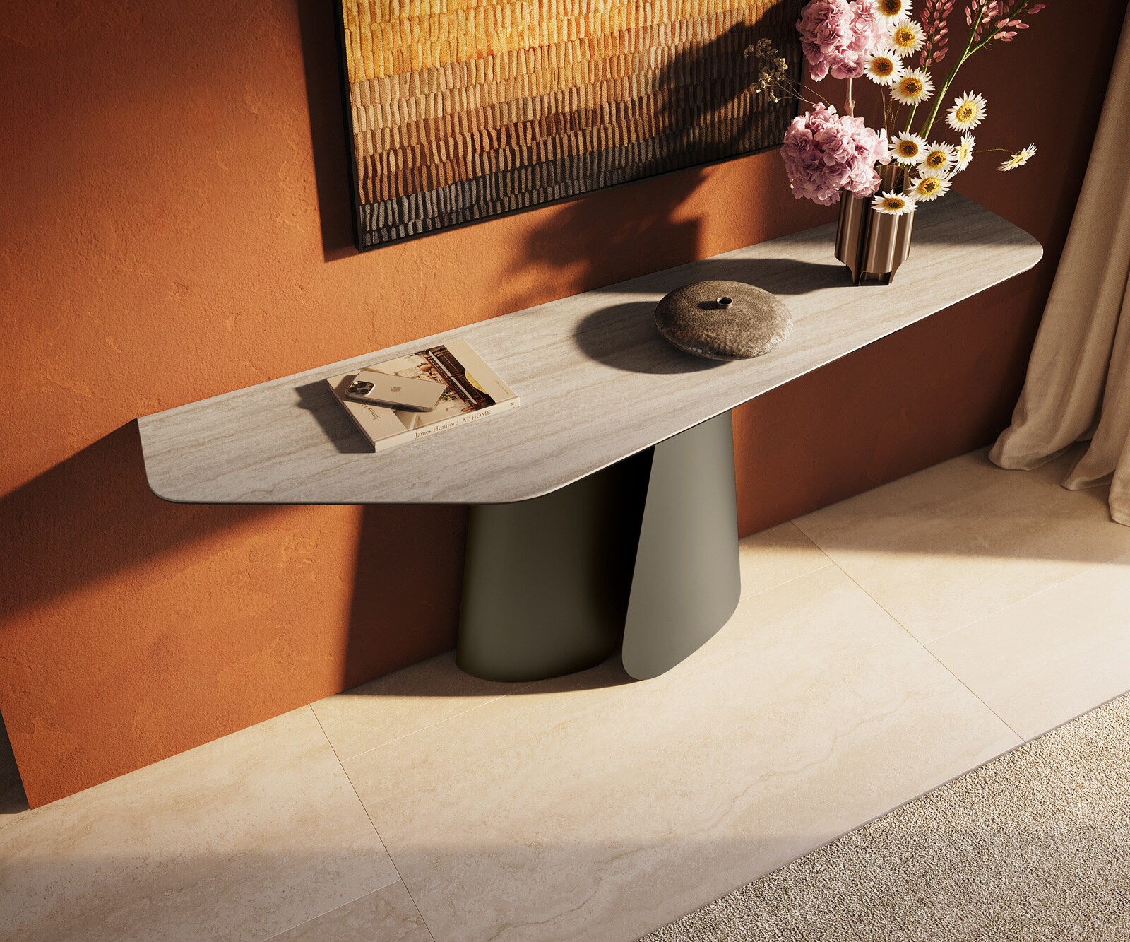 Konsola Edge wielokątna 180x50 cm ceramika Laminam® Travertino Bianco kremowo-biały podstawa Livos metal w kolorze tytanu 4