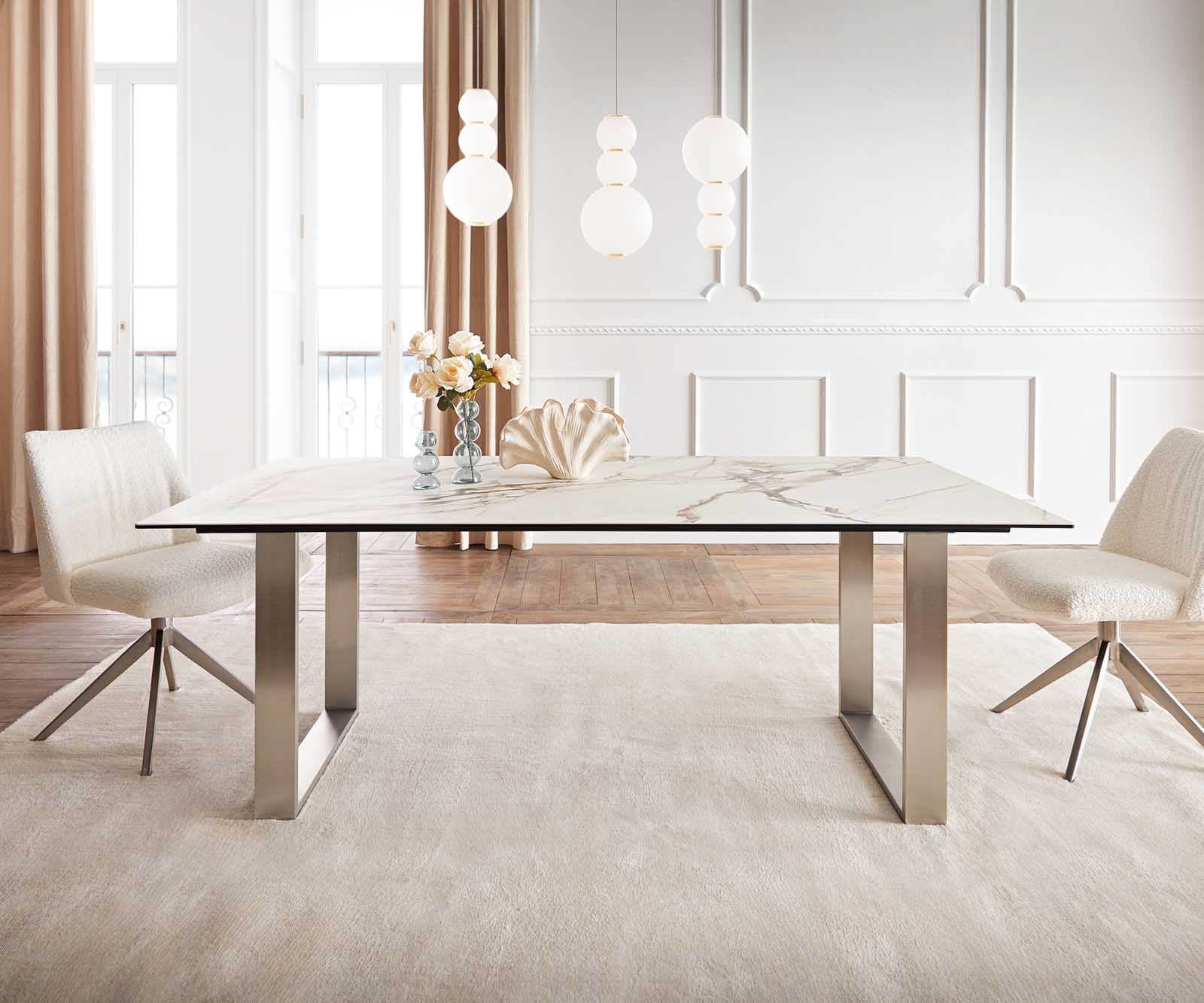 Stół do jadalni Edge 200x100 cm ceramika Calacatta Luxe biało-złoto-szary stal nierdzewna wąska rama