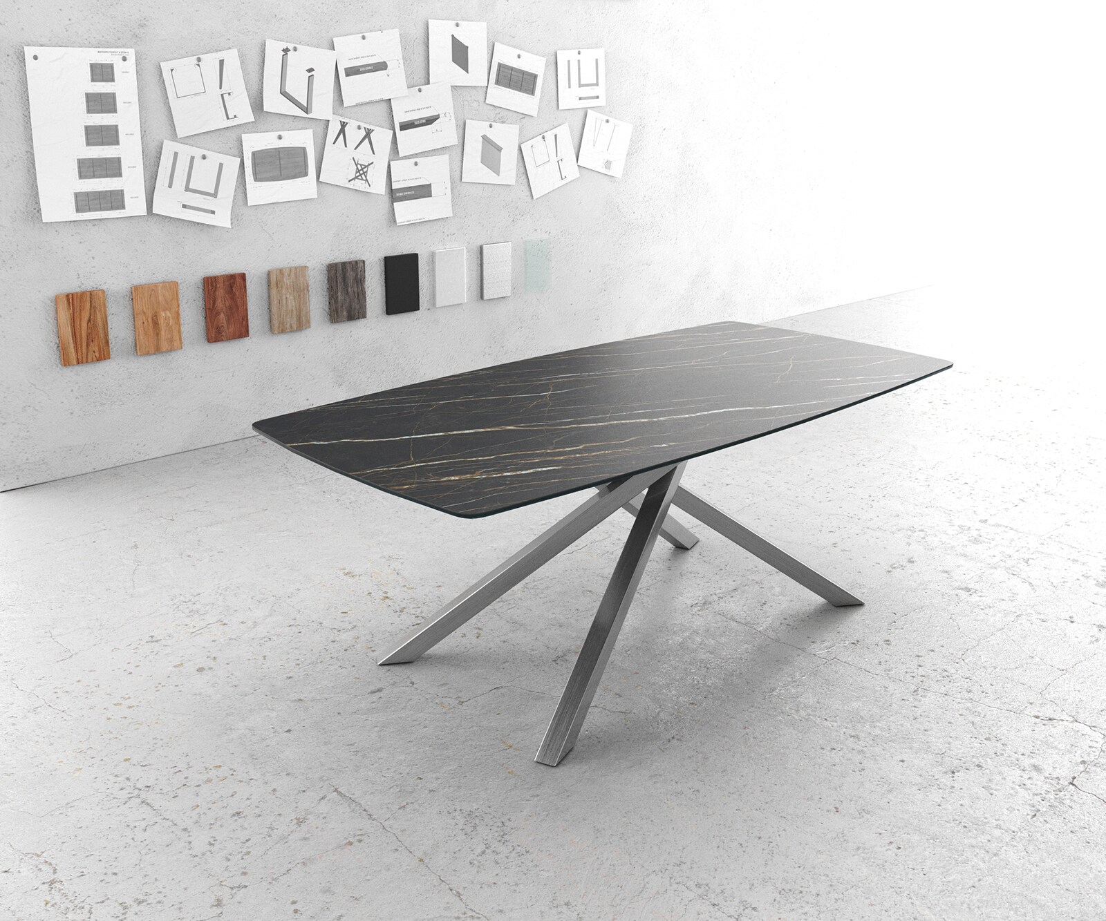 Stół do jadalni Edge kształt beczki 200x100cm ceramika Laminam® Noir Desir brązowy rama Cross stal nierdzewna