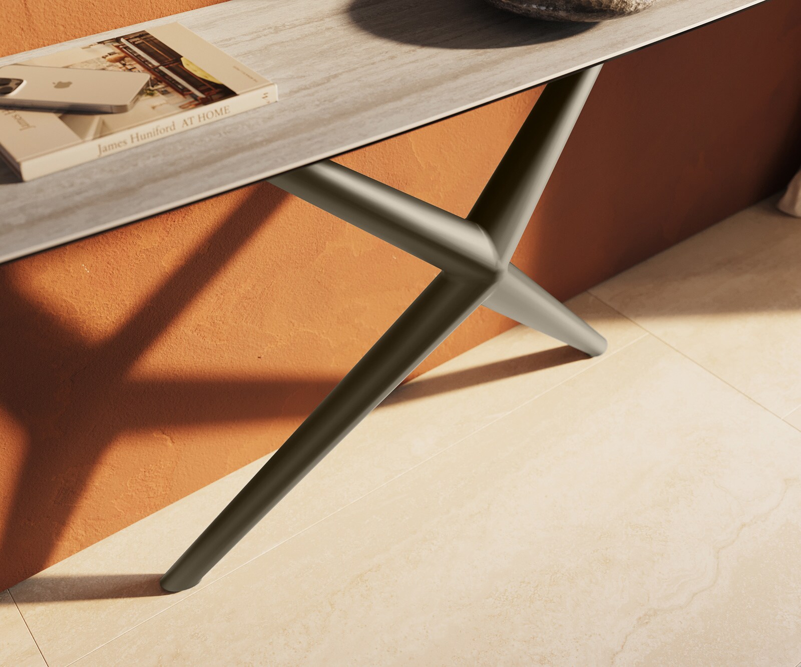 Konsola Edge w kształcie beczki 180x40 cm ceramika Laminam® Travertino Bianco kremowo-biały rama Estelo metal w kolorze tytanu 6