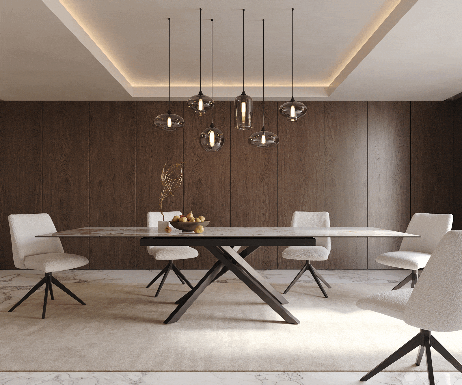 Stół do jadalni Edge 200-300x100 cm ceramika Minas Melange biało-beżowy rama Cross czarna rozkładany 1