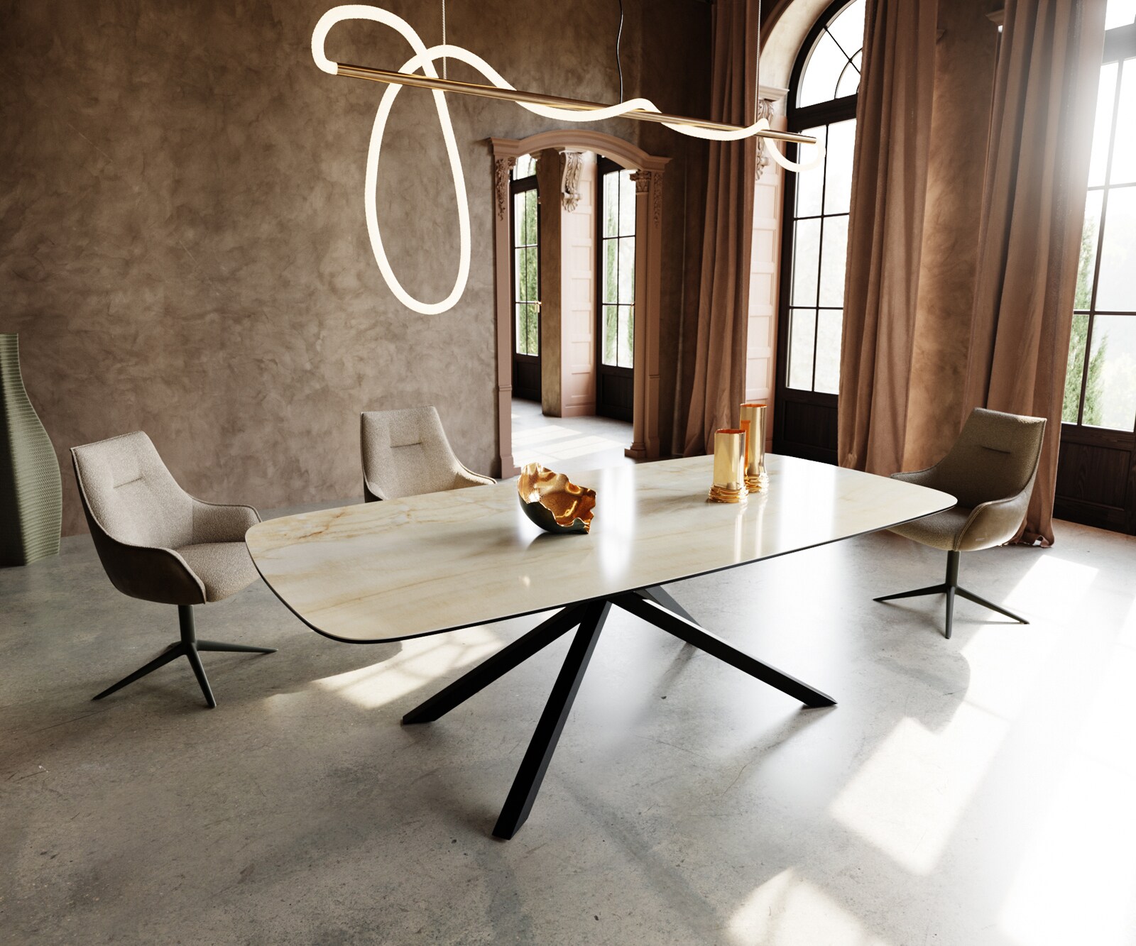 Stół do jadalni Edge w kształcie beczki 240x120cm ceramika Iris FMG Onice Oro rama Cross czarny