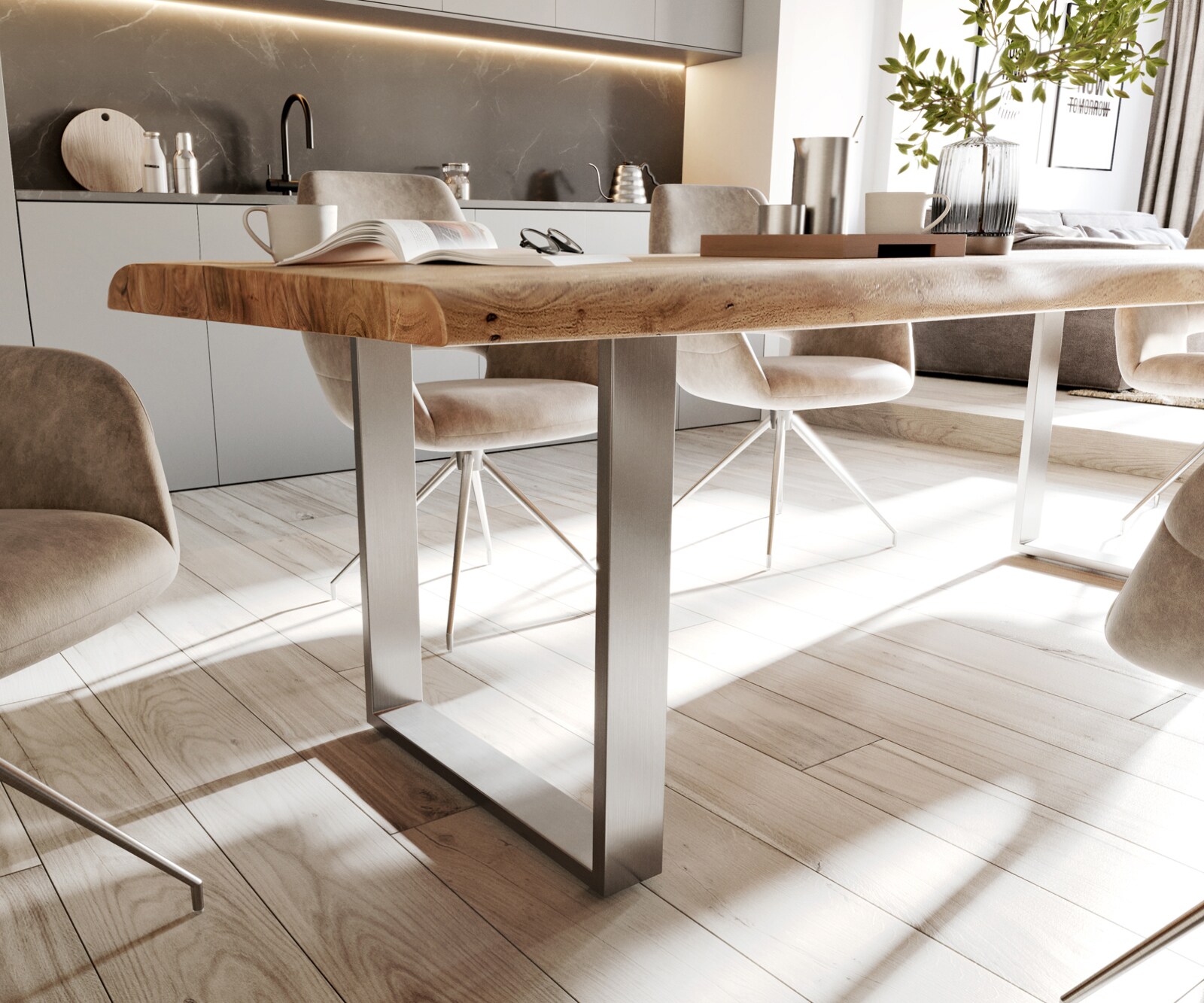 Stół do jadalni Edge 280x100cm XL akacja naturalna stal nierdzewna live-edge 5