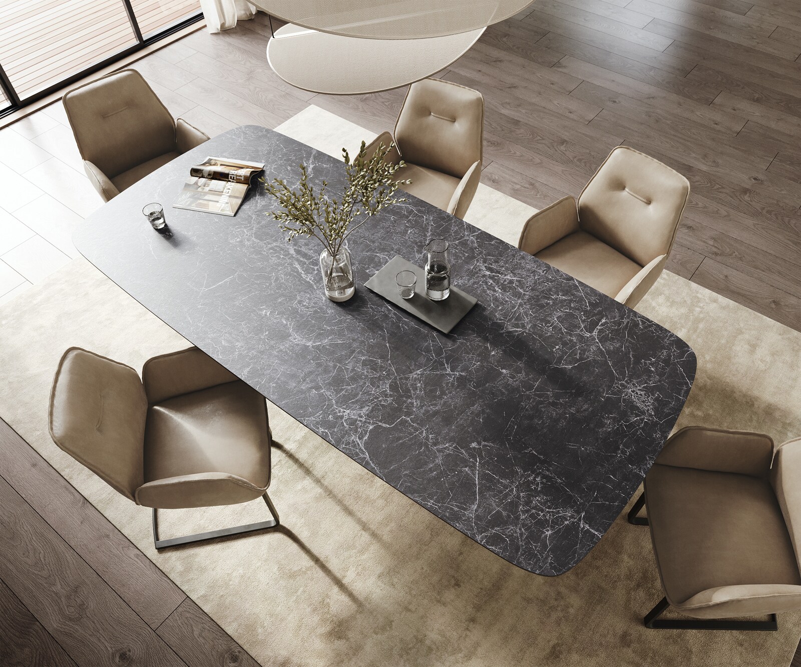 Stół do jadalni Edge w kształcie beczki 260x120 cm ceramika Laminam® Nero Greco antracytowa rama Pilier metal czarny 3