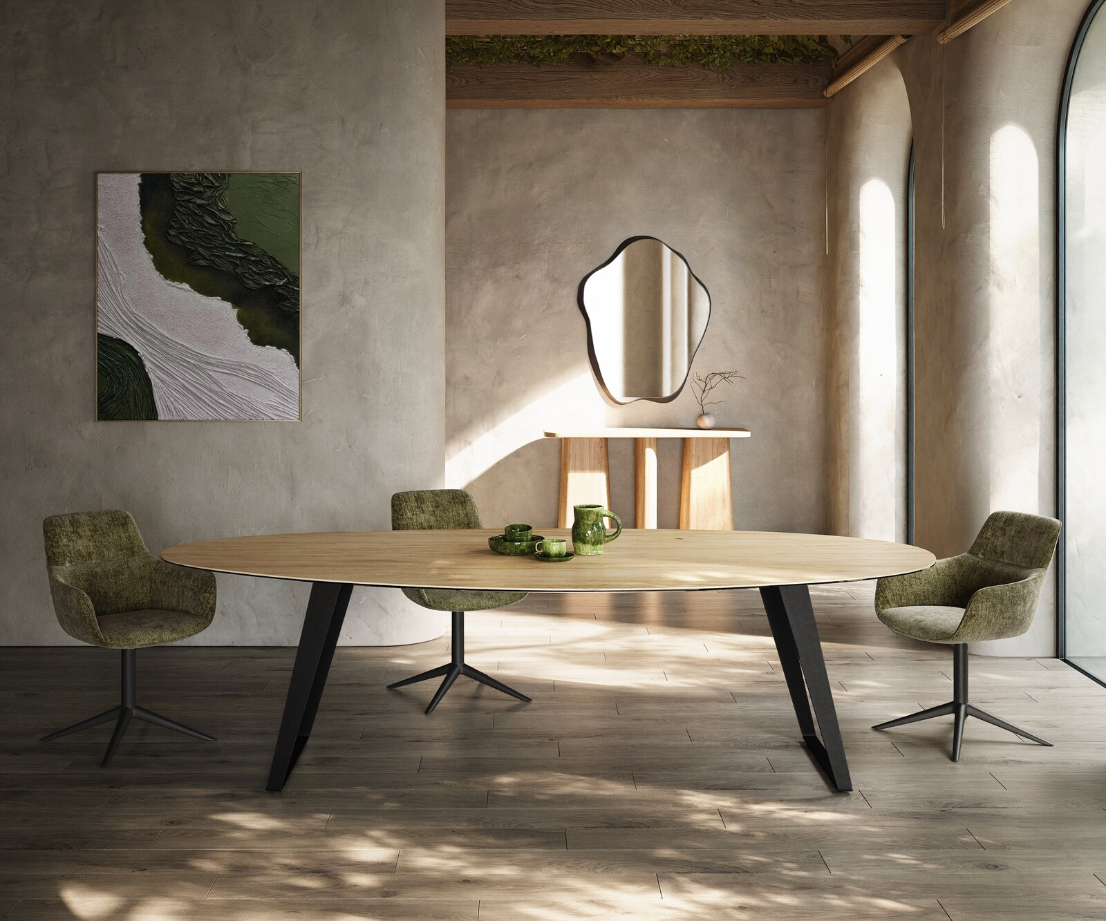 Stół do jadalni Edge owalny 280x130cm ceramika Laminam® Sabbia kolor dębowy rama pochylona metal czarny 2