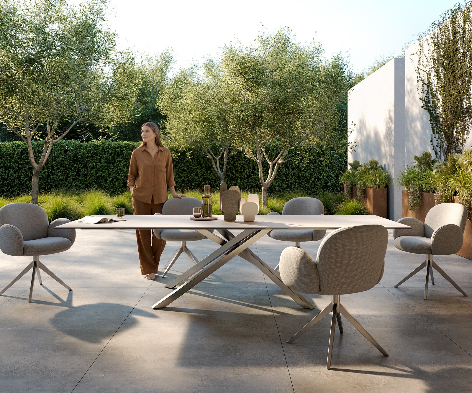 Stół ogrodowy Edge 300x100 cm ceramika Laminam® Travertino Bianco kremowo-biały rama Cross stal nierdzewna 1