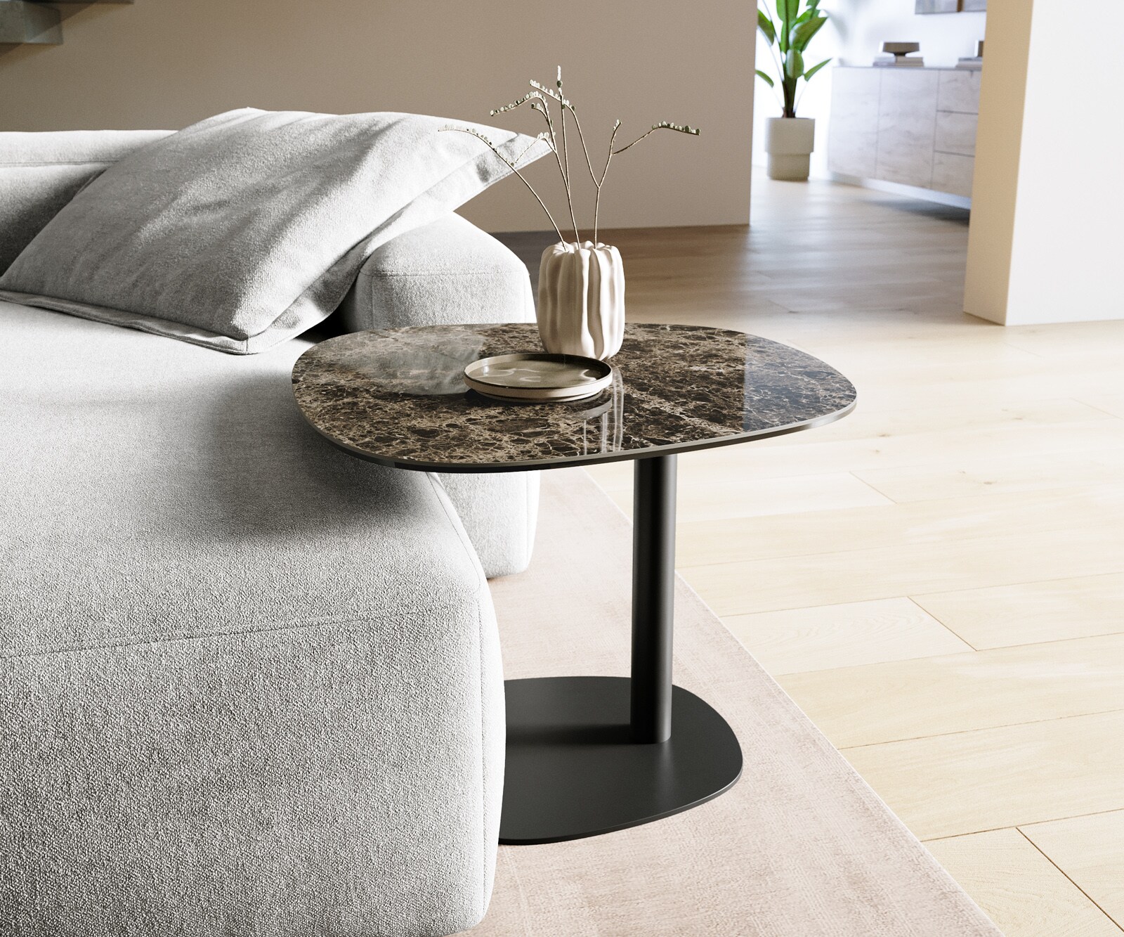 Stolik kawowy Edge w kształcie beczki 60x60 cm Laminam® Emperador Extra Lucidato ciemnobrązowy podstawa Eleny metal czarny 1