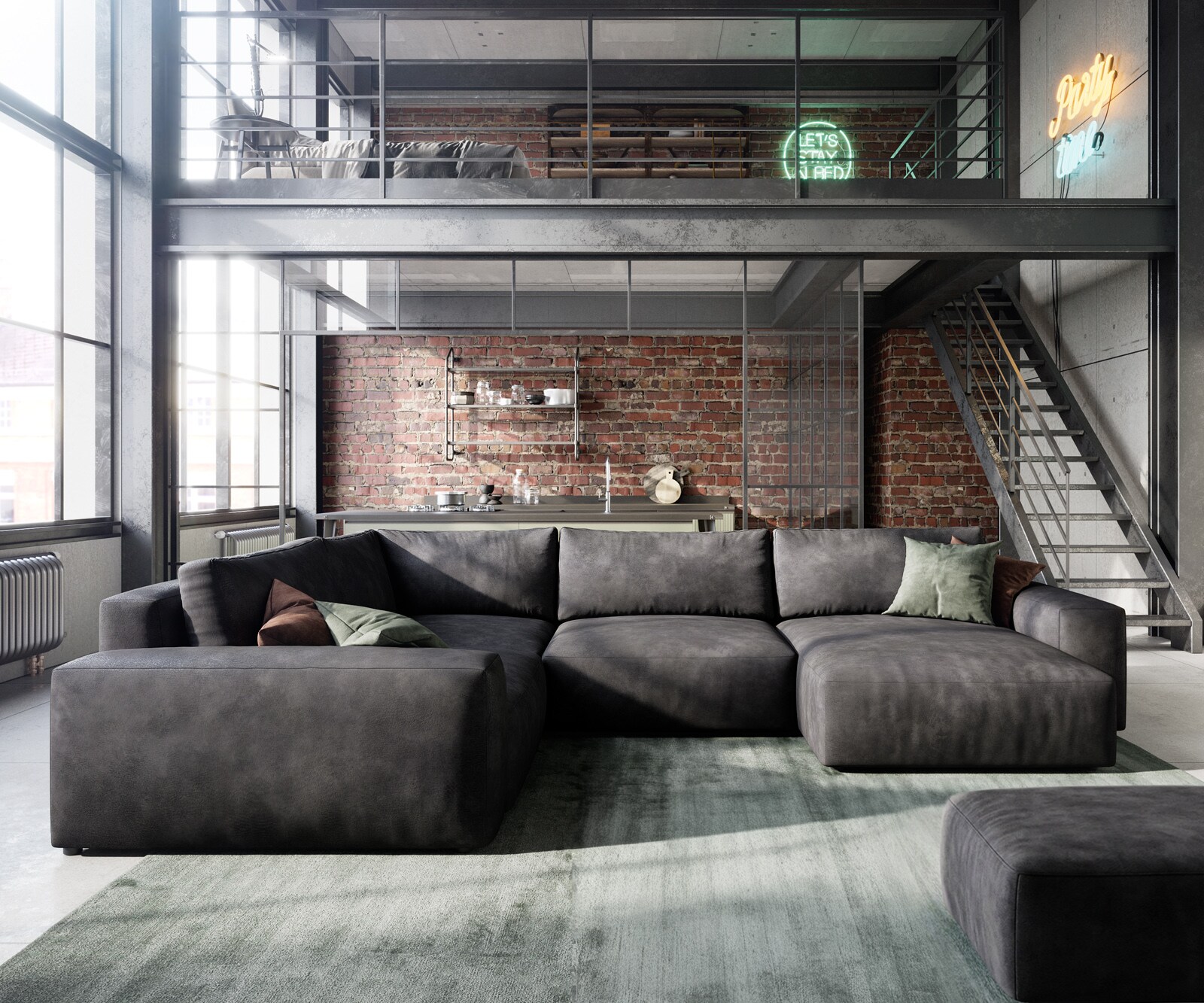Sofa w kształcie litery U Lanzo 300x210 cm eko-skóra szezlong z możliwością obustronnego montażu z pufem 1