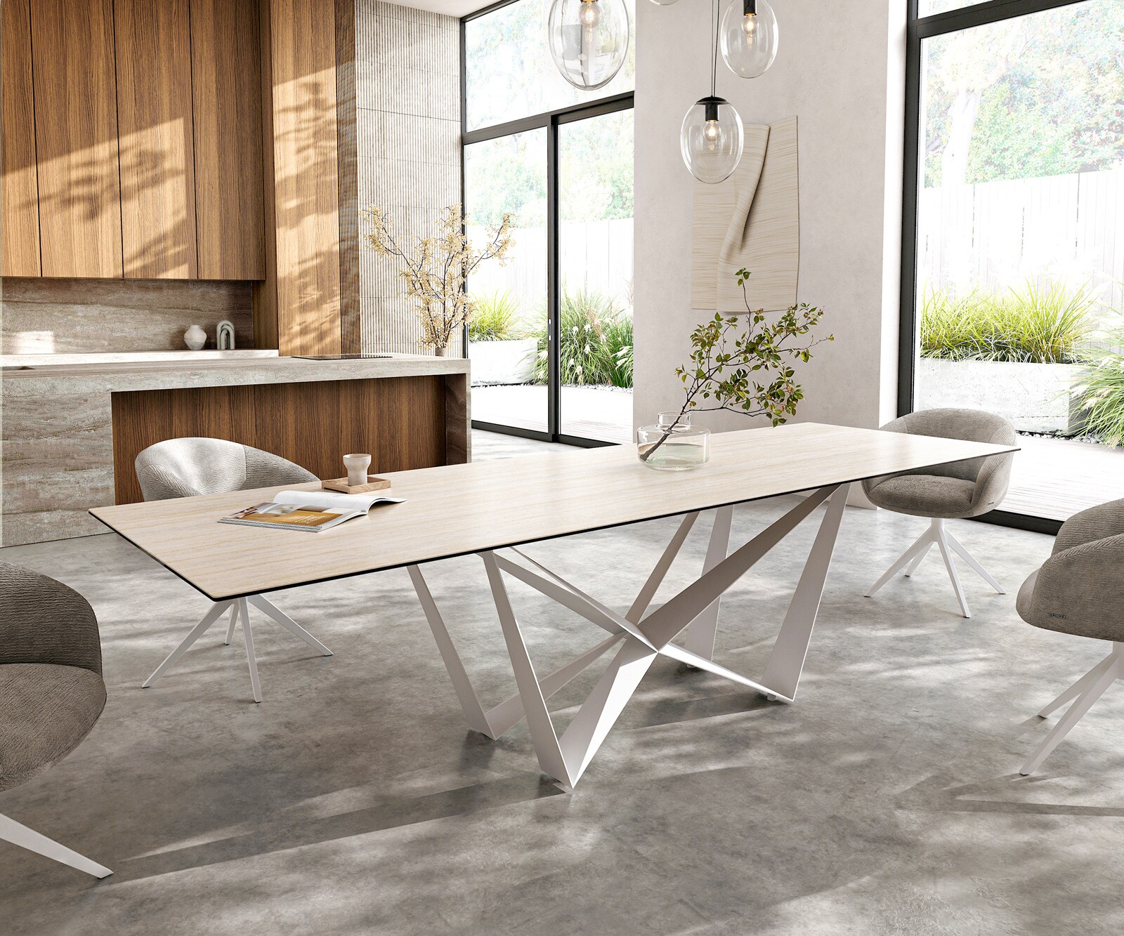 Stół do jadalni Edge 300x100cm ceramika Laminam® Travertino Bianco kremowo-biały rama Spider metal biały 8