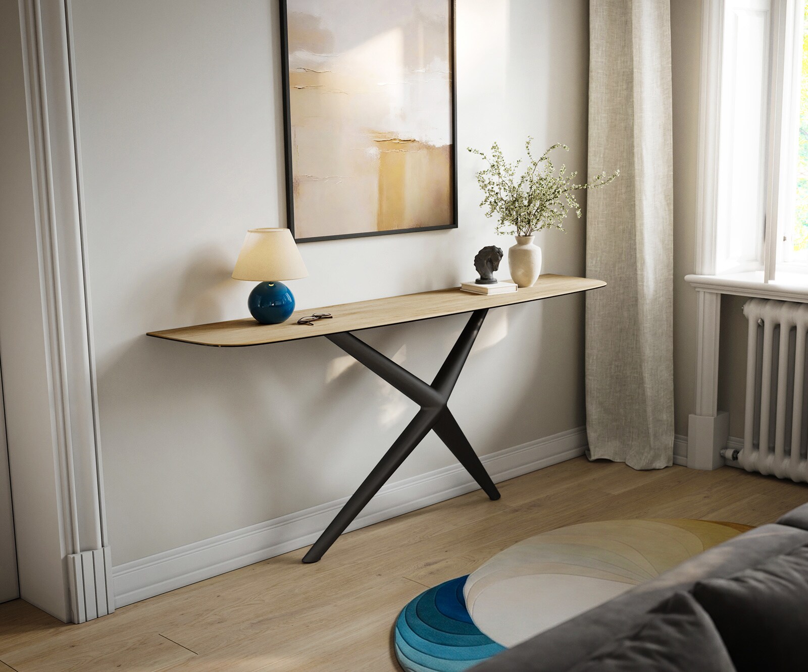 Konsola Edge w kształcie beczki 180x40 cm ceramika Laminam® Sabbia w kolorze dębu rama Estelo metal czarny 4