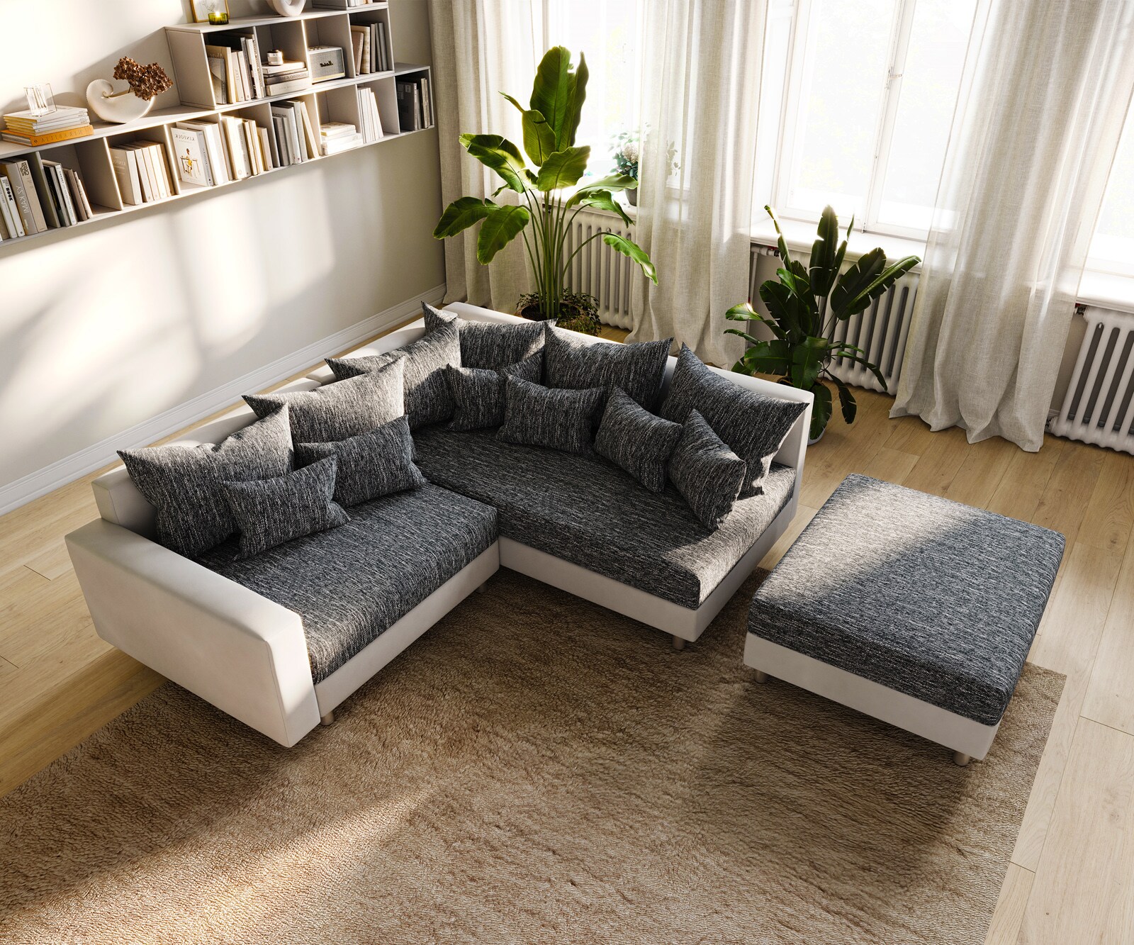 Sofa narożna Clovis biało-czarna puf podłokietnik szezlong prawy modułowa 3