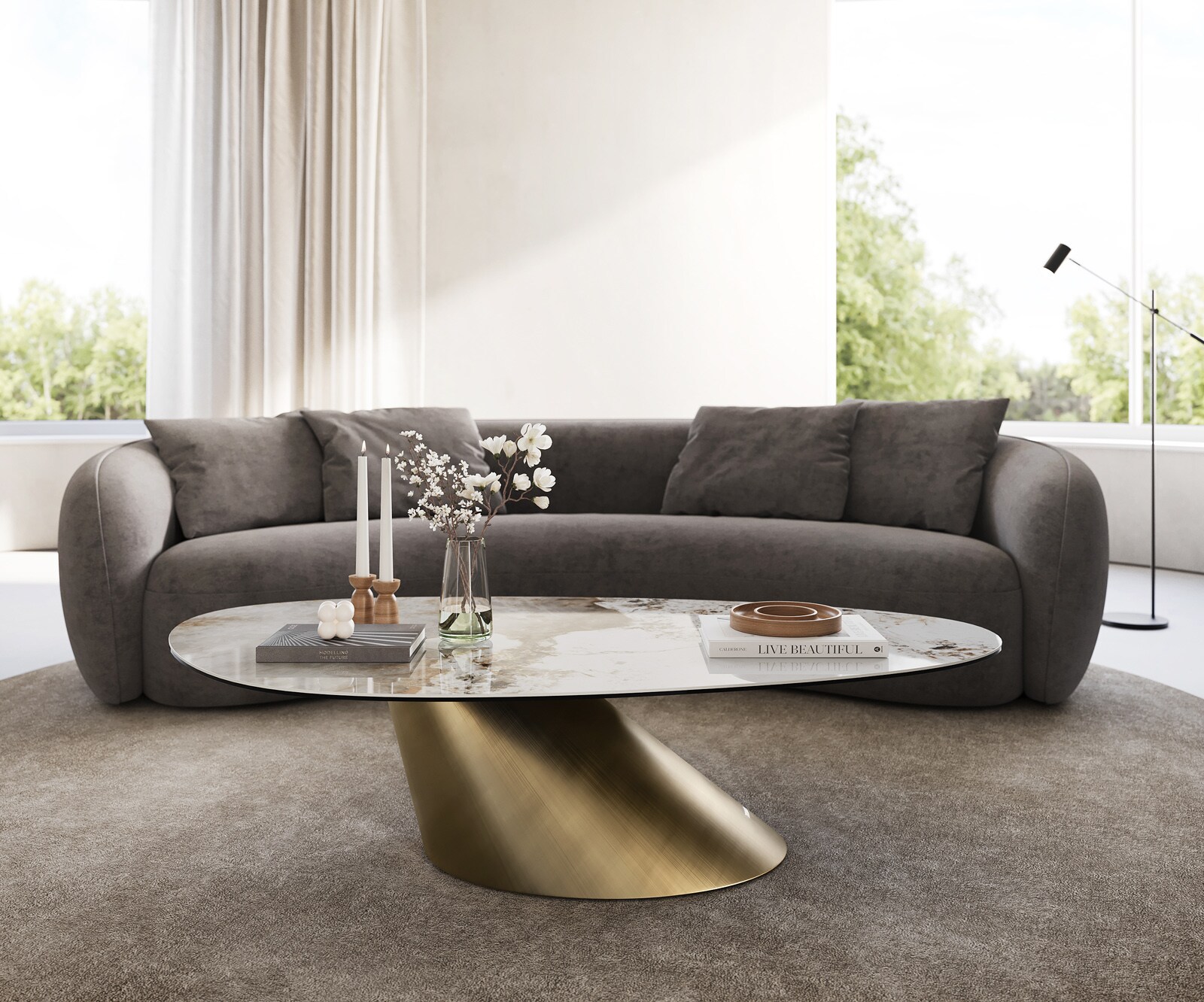 Stolik kawowy Edge owalny 140x75 cm ceramika Minas Melange podstawa Conis metaliczny złoty 2