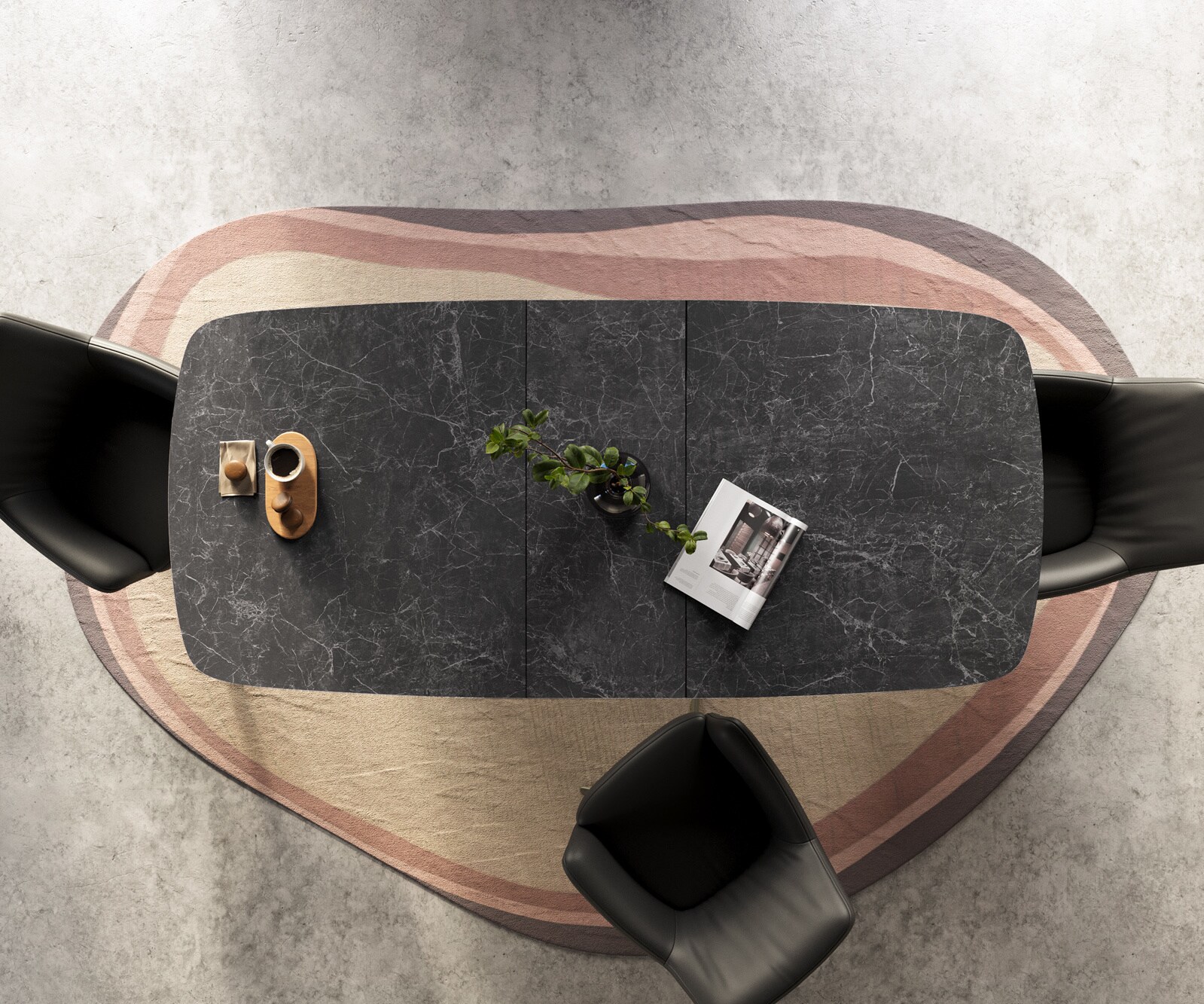 Stół do jadalni Edge w kształcie beczki 180-220x100 cm ceramika Laminam® Nero Greco Anthrazit rama Cross w kolorze tytanu rozkładany 7