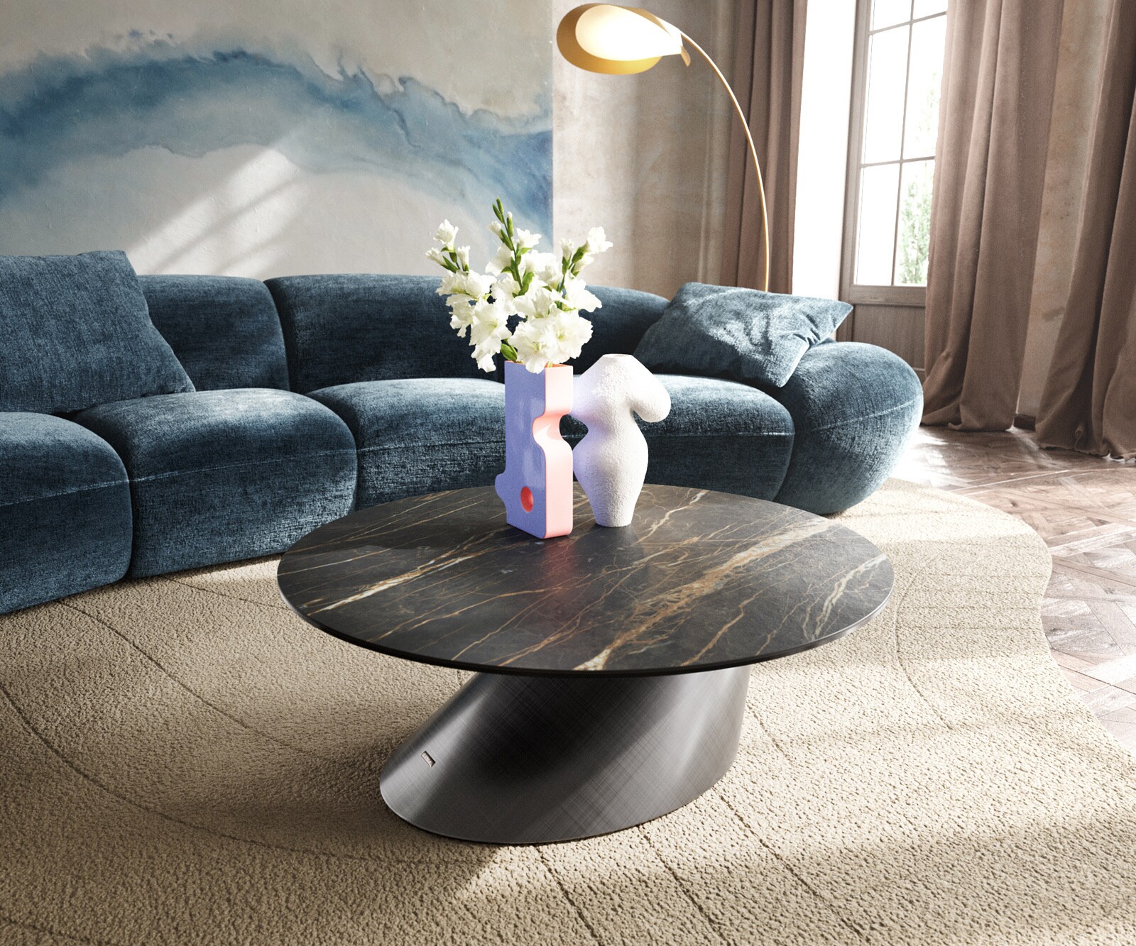 Stolik kawowy Edge okrągły 90x90 cm ceramika Laminam® Noir Desir brązowy Conis srebrny metaliczny 1