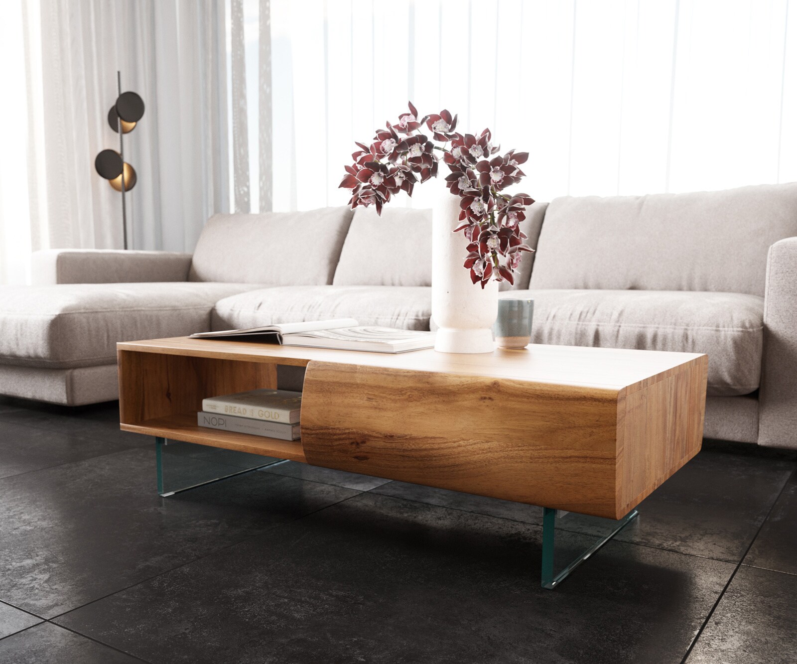 Stolik kawowy New Live-Edge 115x60 cm akacja naturalna 2 szuflady 1 przegroda nóżki wąskie metal czarny 5