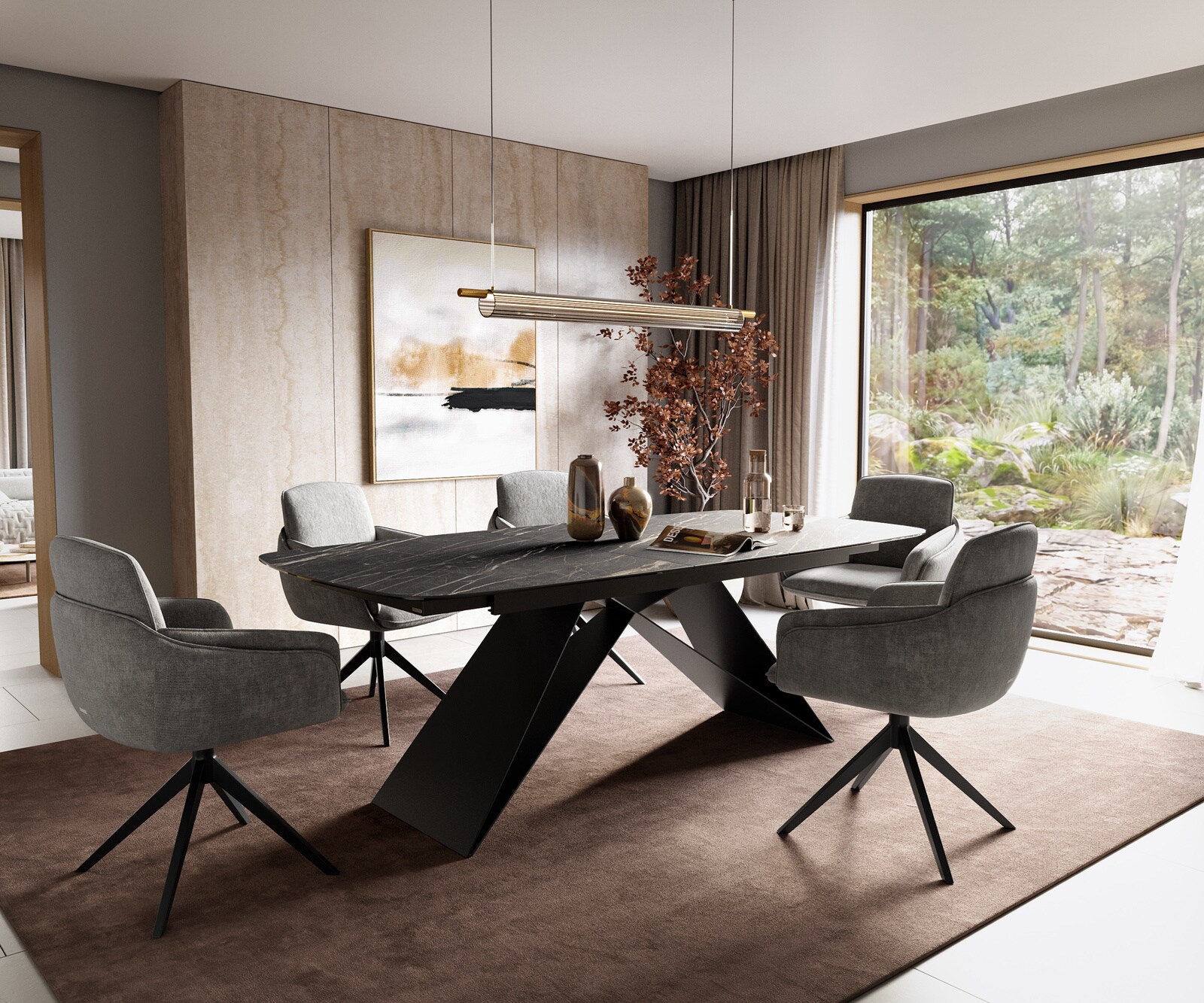 Stół do jadalni Edge w kształcie beczki 180-220x100 cm Laminam® ceramika Noir Desir Braun rama typu V metal czarny rozkładany 6
