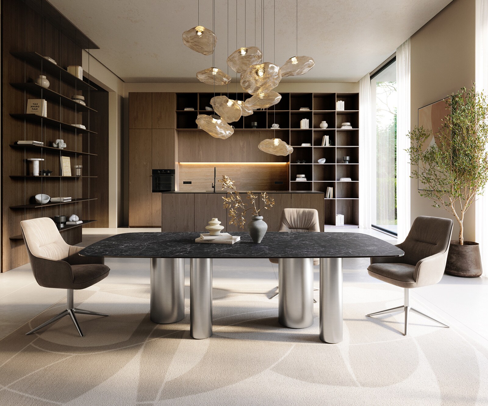 Stół do jadalni Edge w kształcie beczki 240x120 ceramika Laminam® Nero Greco antracytowa rama Pilier stal nierdzewna szczotkowana 2
