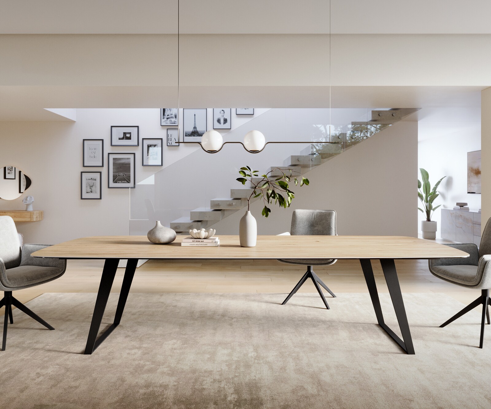 Stół do jadalni Edge w kształcie beczki 300x120 cm ceramika Laminam® Sabbia w kolorze dębu rama pochylona metal czarny 2