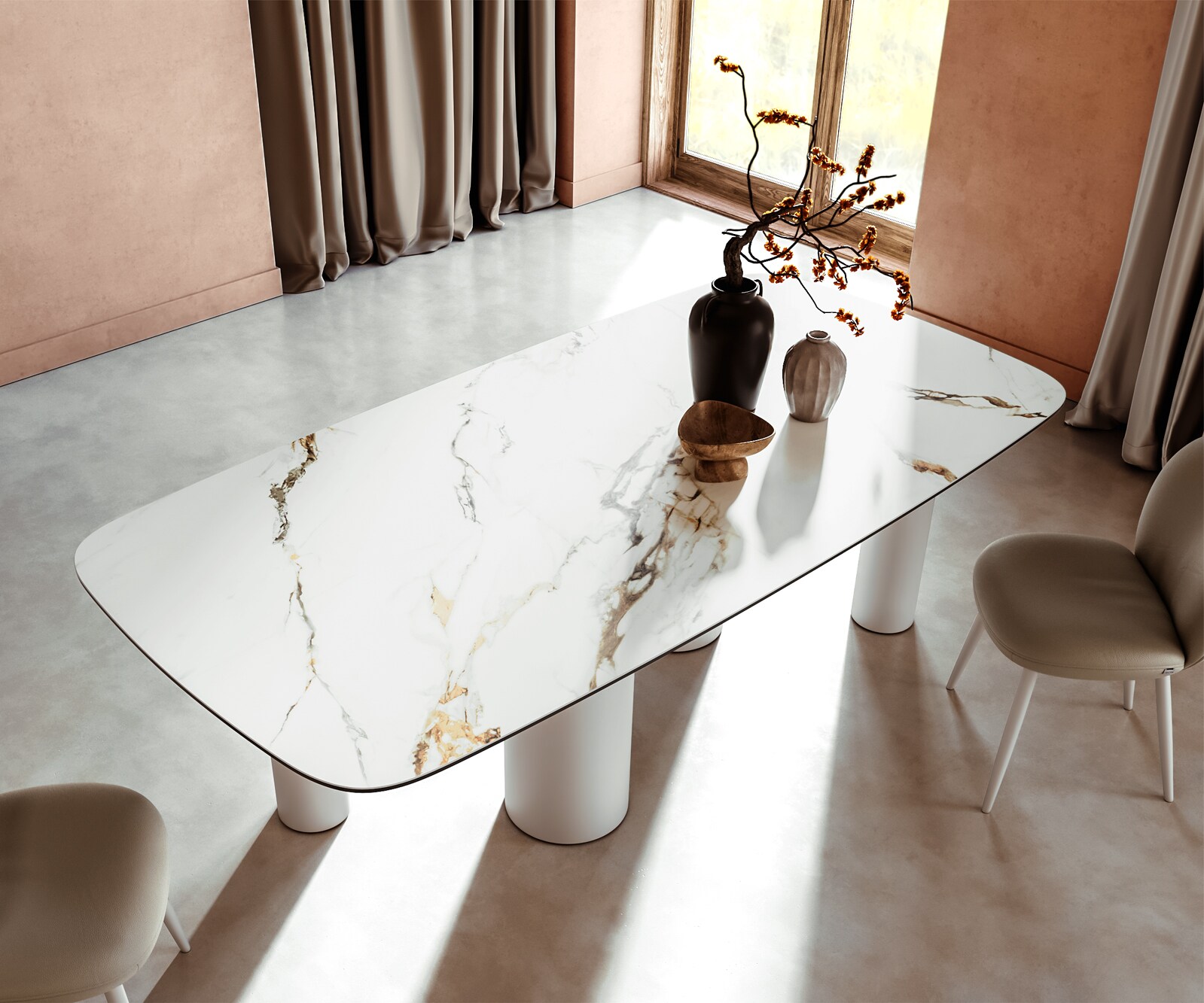 Stół do jadalni Edge kształt beczki 240x120cm ceramika Calacatta Luxe biało-złoto-szary rama Pilier metal biały 3