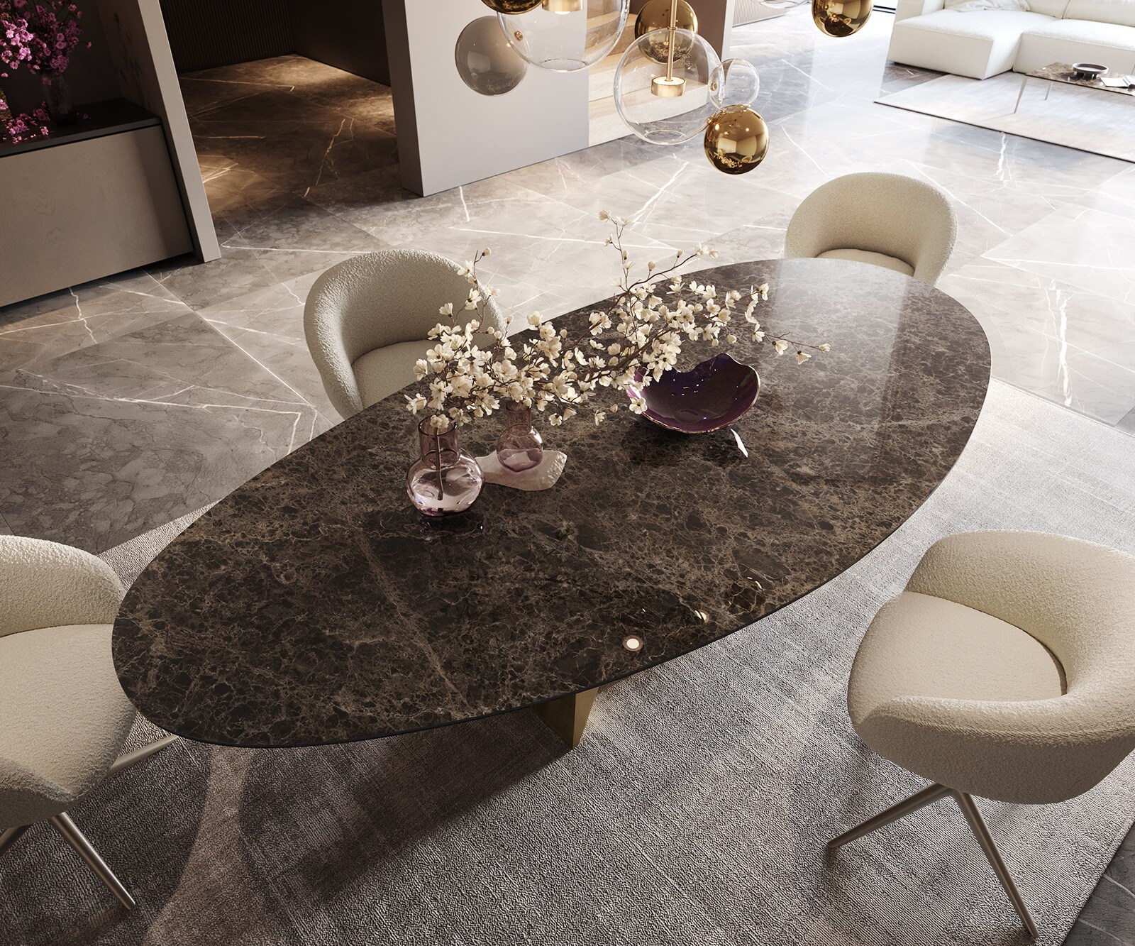 Stół do jadalni Edge owalny 280x130cm ceramika Emperador Extra Lucidato ciemnobrązowa rama Origami metaliczny złoty 4