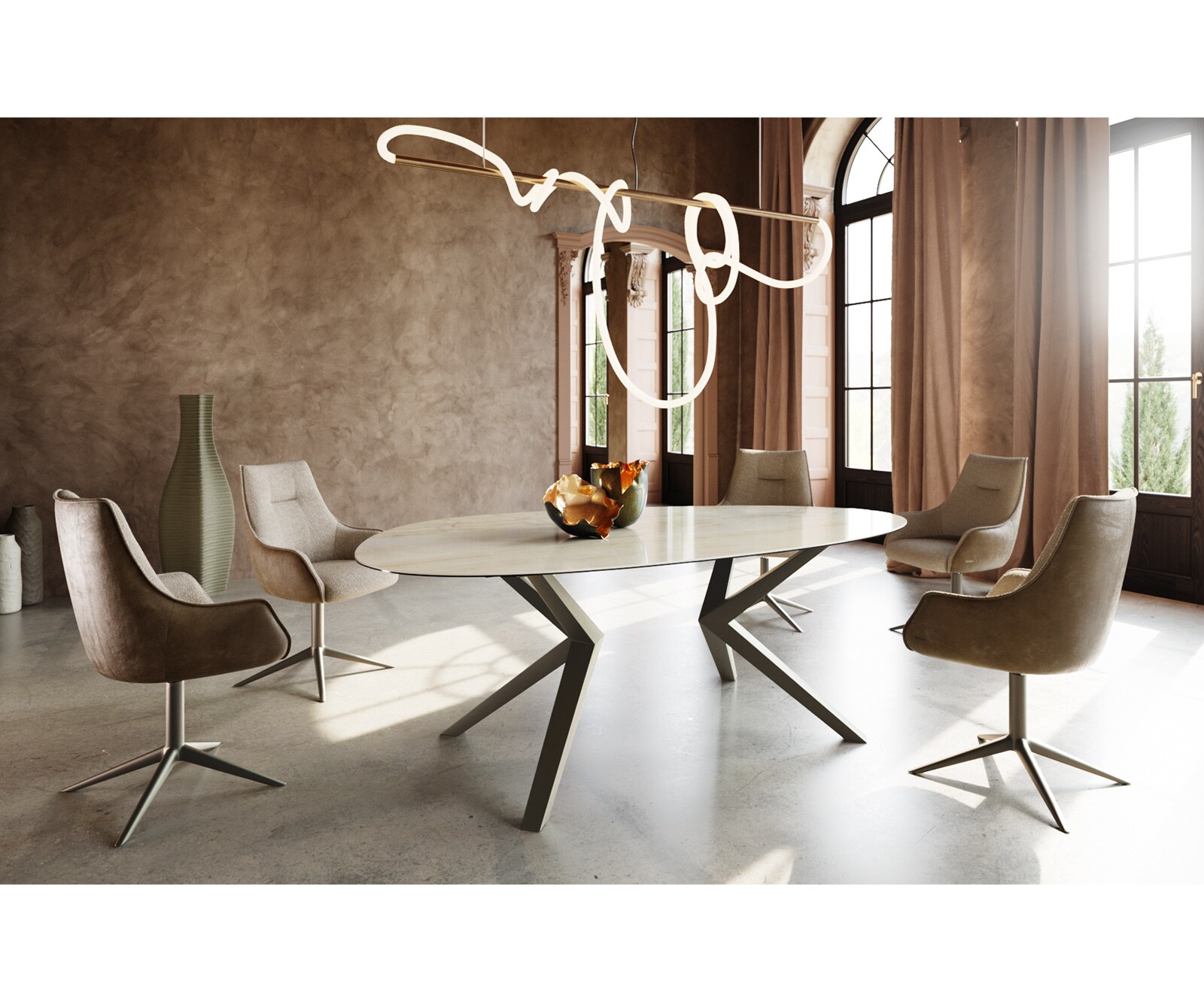 Stół do jadalni Edge owalny 220x120cm ceramika Iris FMG Onice Oro rama Zenthara metal kolor tytanowy 4