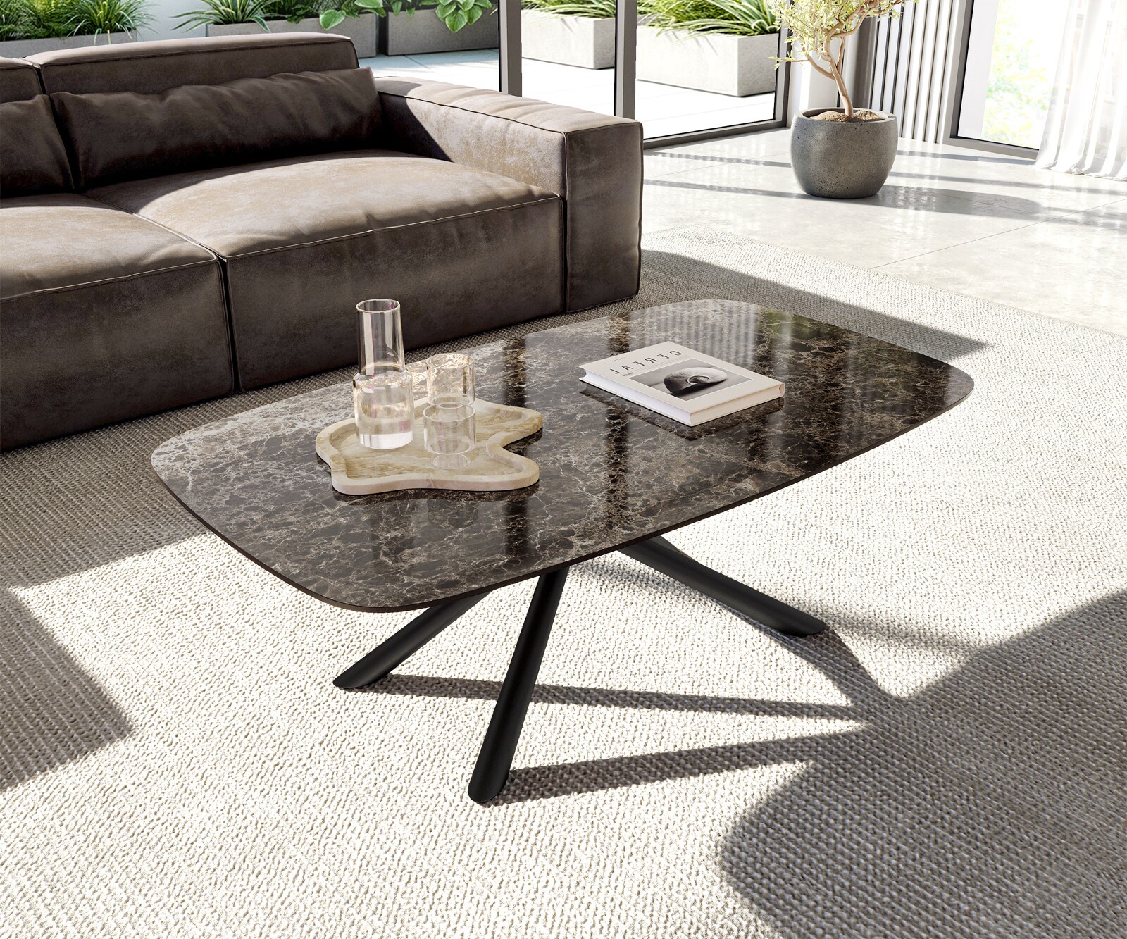 Stolik kawowy Edge w kształcie beczki 120x70 cm ceramika Laminam® Emperador Extra Lucidato ciemnobrązowy Sarity czarny metal