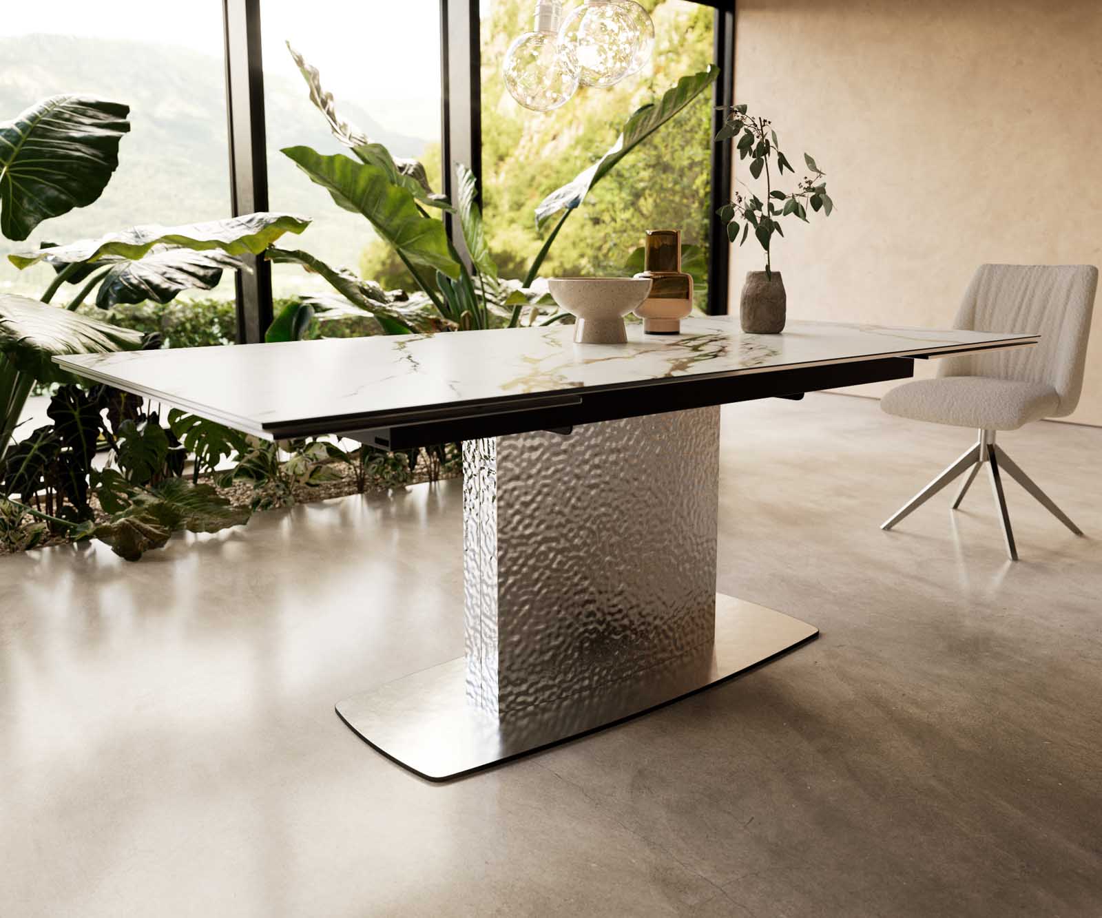 Stół do jadalni Edge 200-300x100 cm ceramika Calacatta Luxe biało-złoto-szary rama Wave stal nierdzewna rozkładany 6